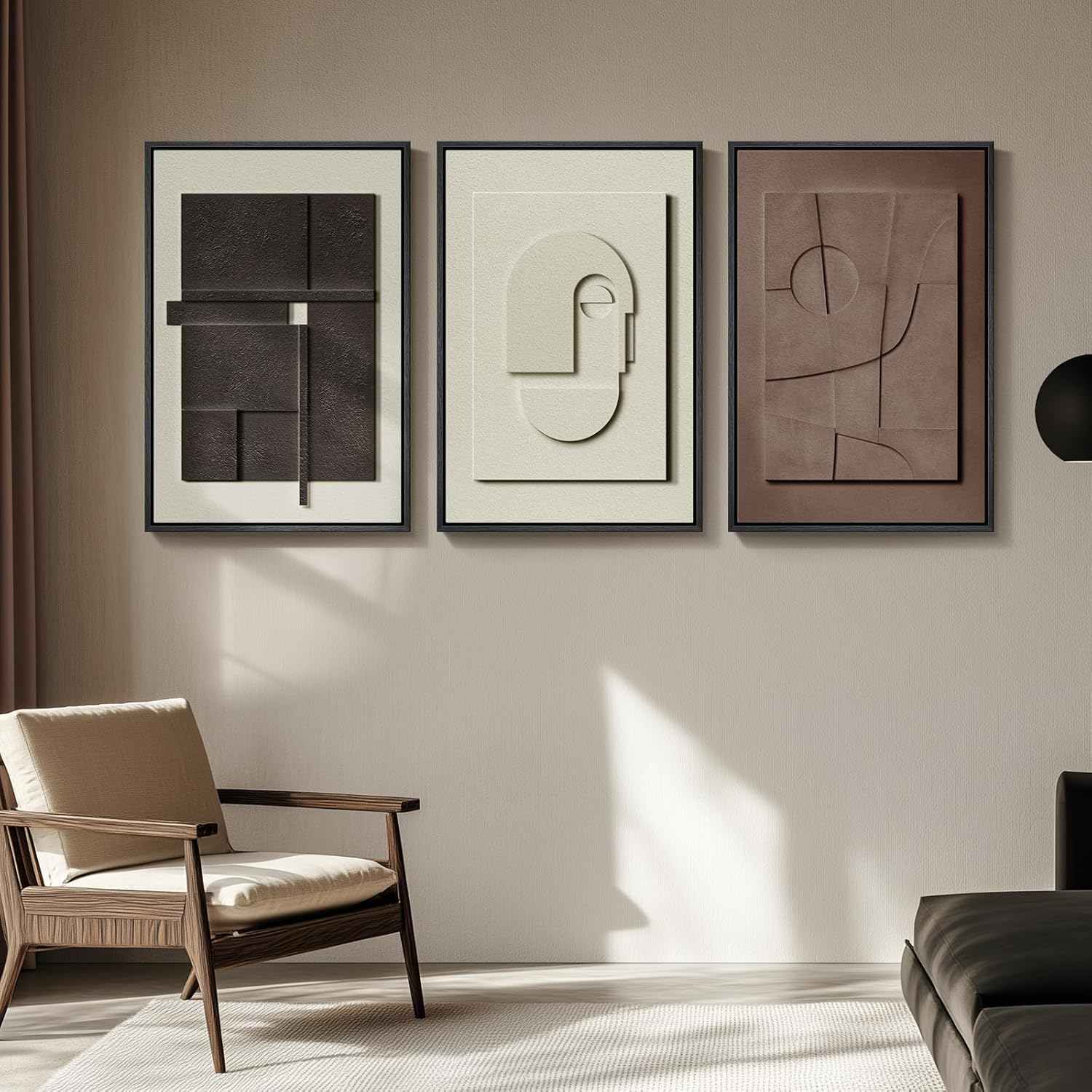 Showcases how the abstract art pieces can enhance a contemporary living space, appealing to customers interested in stylish home decor.