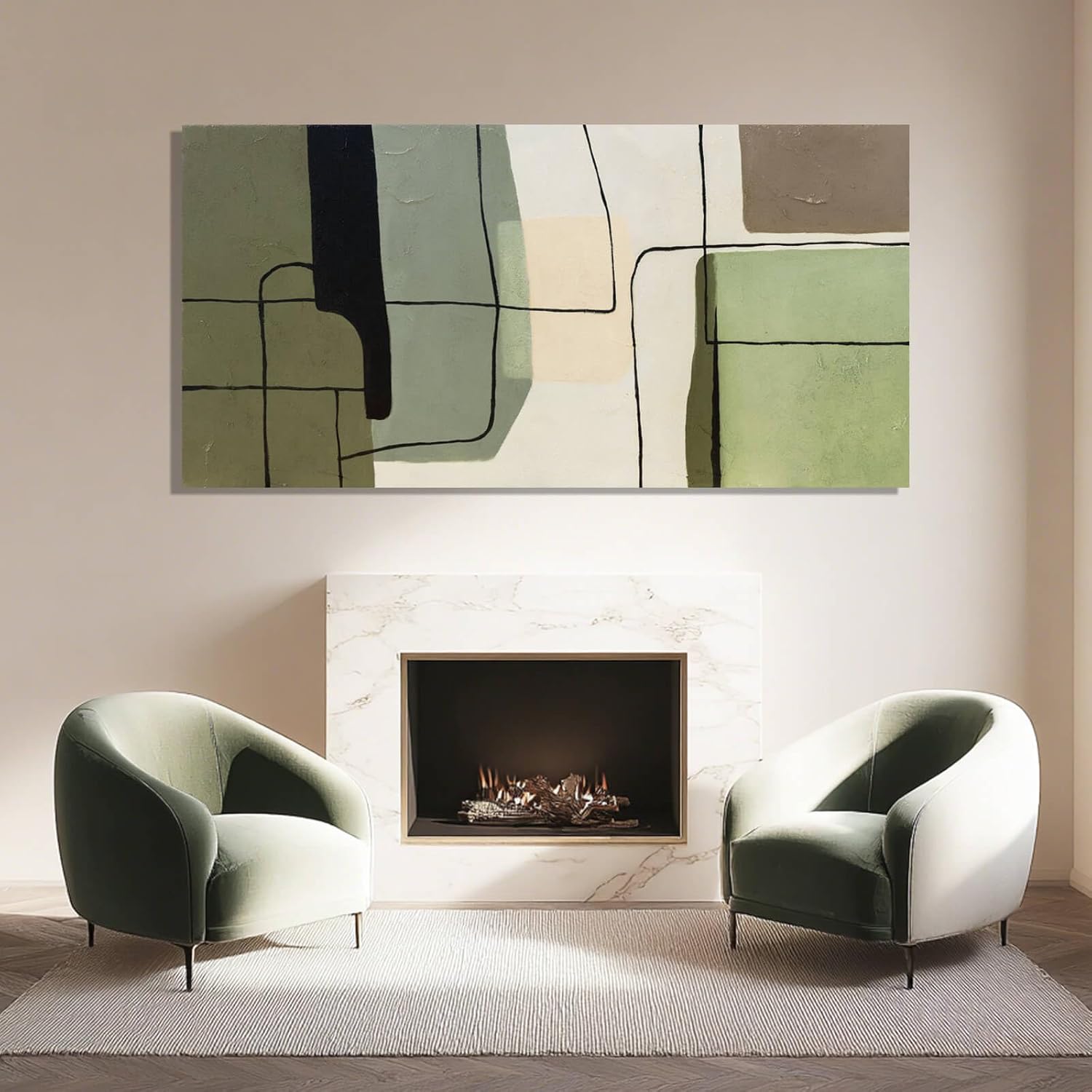 Showcases the product (abstract artwork) in a stylish, contemporary living room setting to demonstrate how it enhances the overall aesthetic of the space.