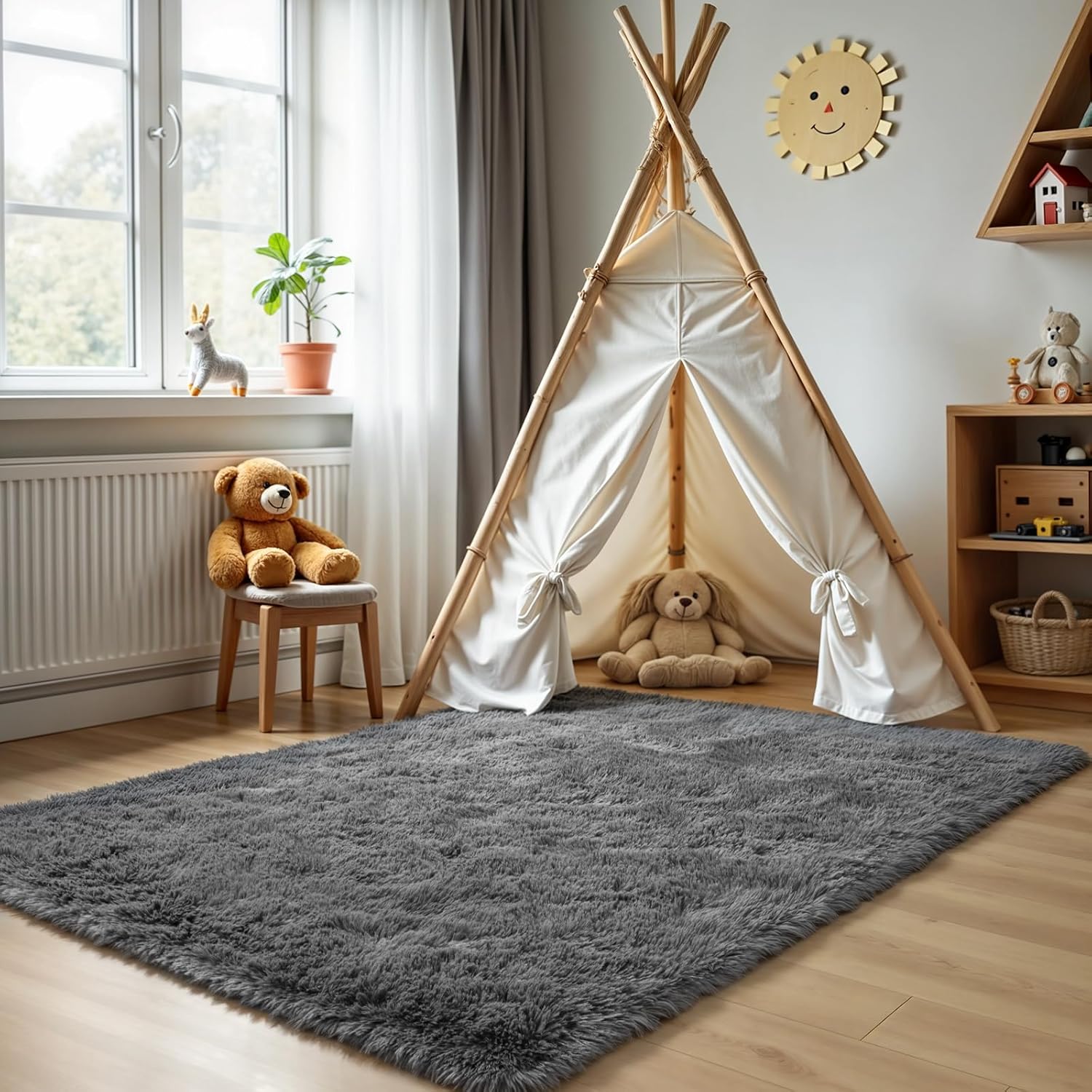 Showcases the product (likely a rug) in a real-world children's room setting to help shoppers visualize how it would look and function in their own space.