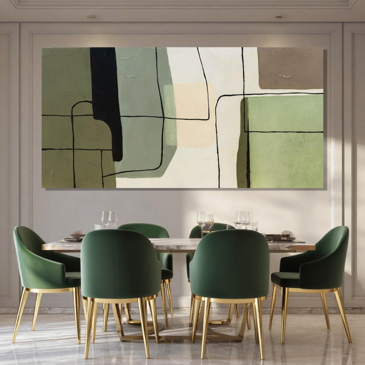 Showcases the product in an elegant, modern dining room setting to demonstrate how it enhances the overall aesthetic of the space.