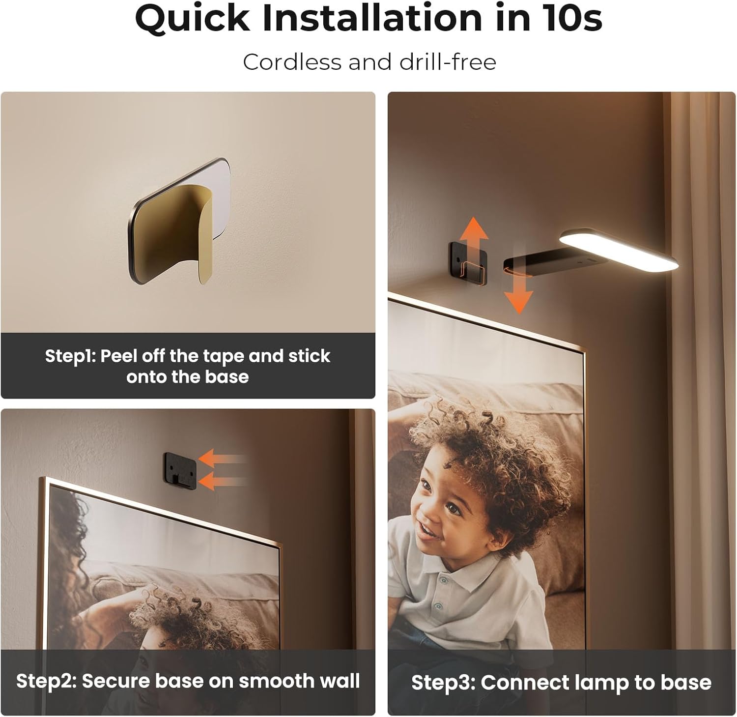 Demonstrates the quick and simple 3-step process for installing the cordless, drill-free lamp.