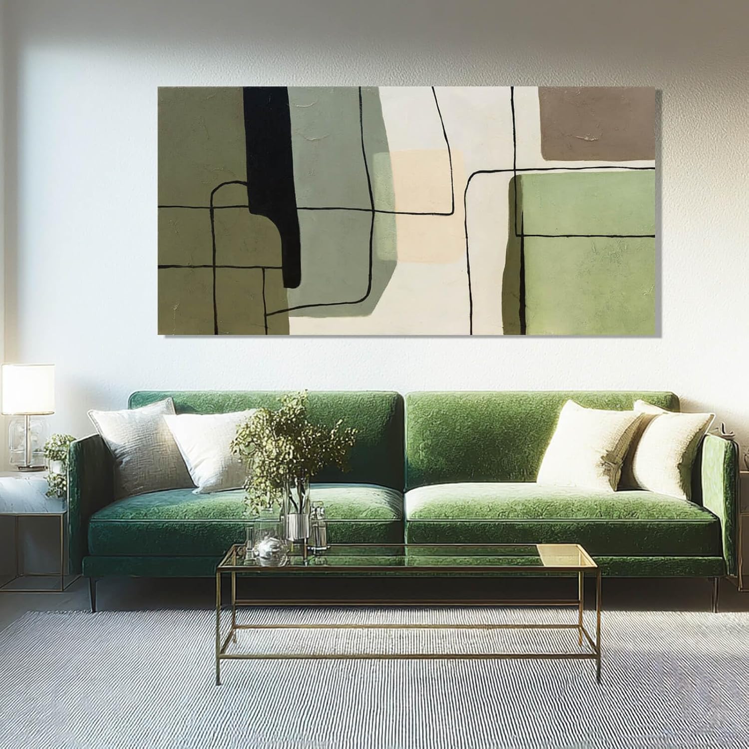 Showcases how the abstract artwork complements a contemporary living room design, inspiring customers to envision the product in their own homes.