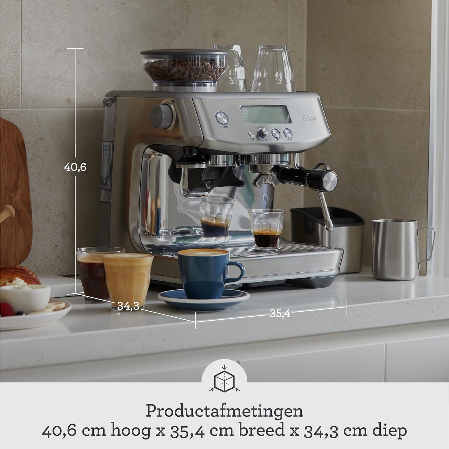 Provides exact measurements of the coffee machine to help shoppers understand its size and fit in their kitchen space.