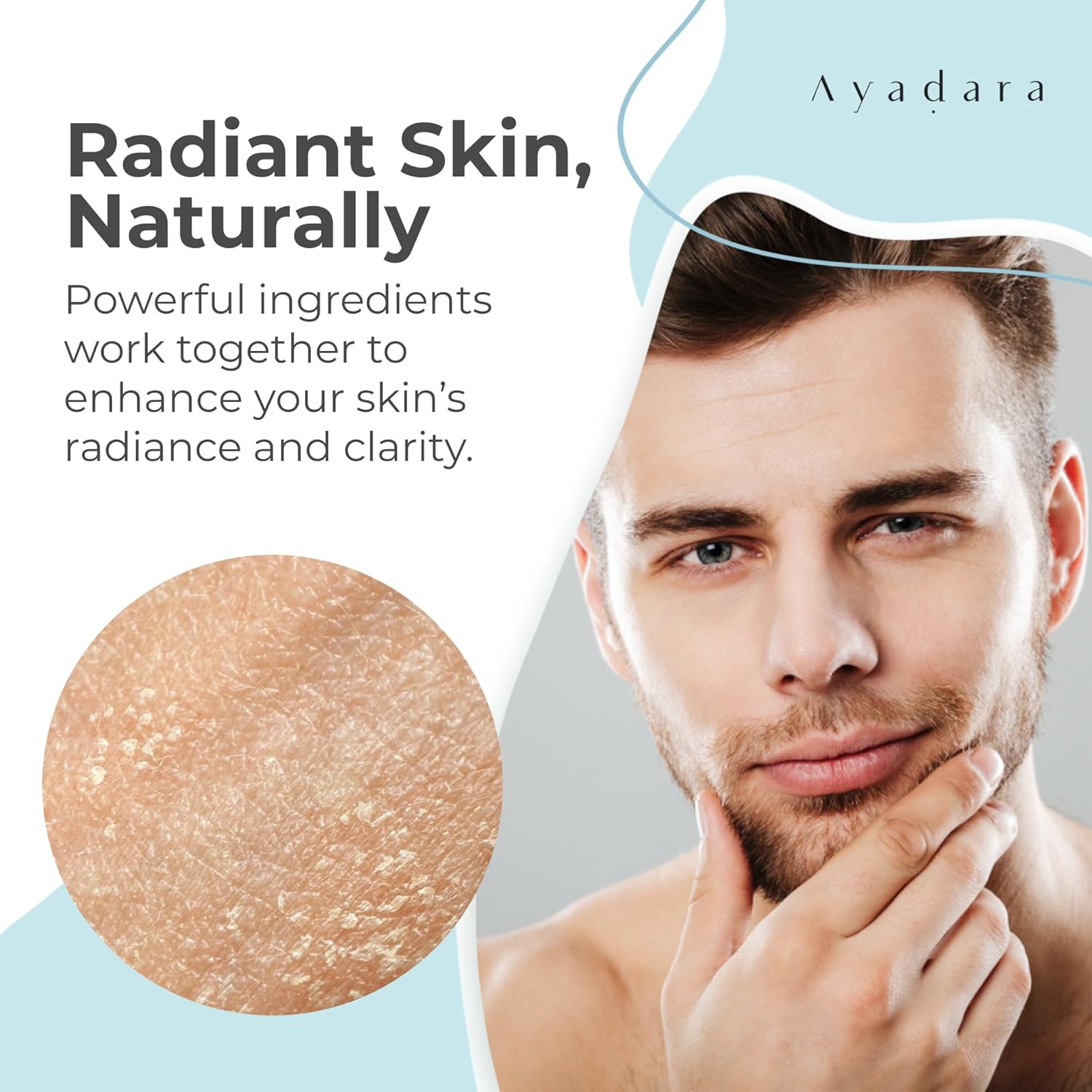Highlights the product's ability to enhance skin radiance and clarity using natural ingredients.