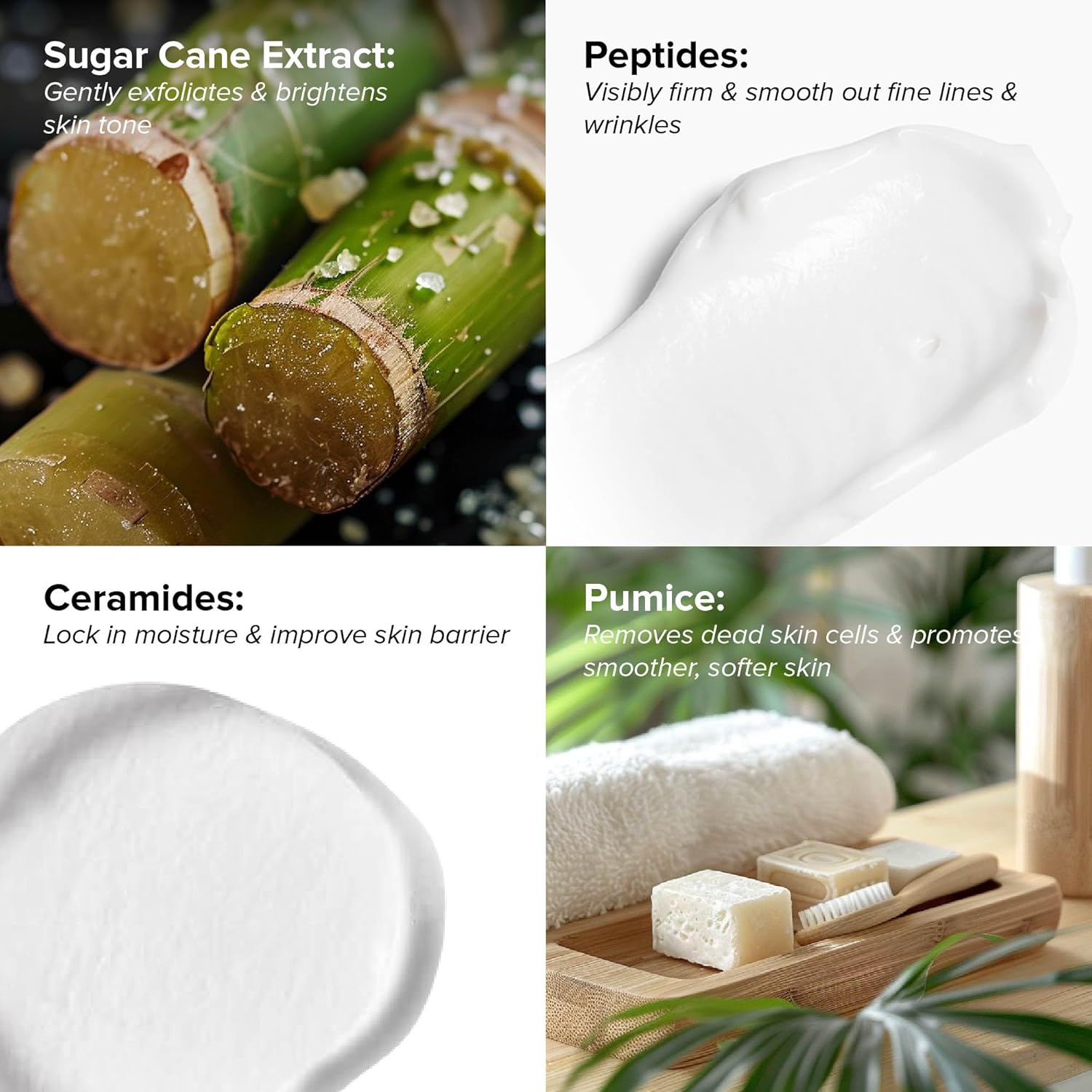 Highlights multiple skincare benefits from different ingredients to show the product's comprehensive approach to skin improvement.