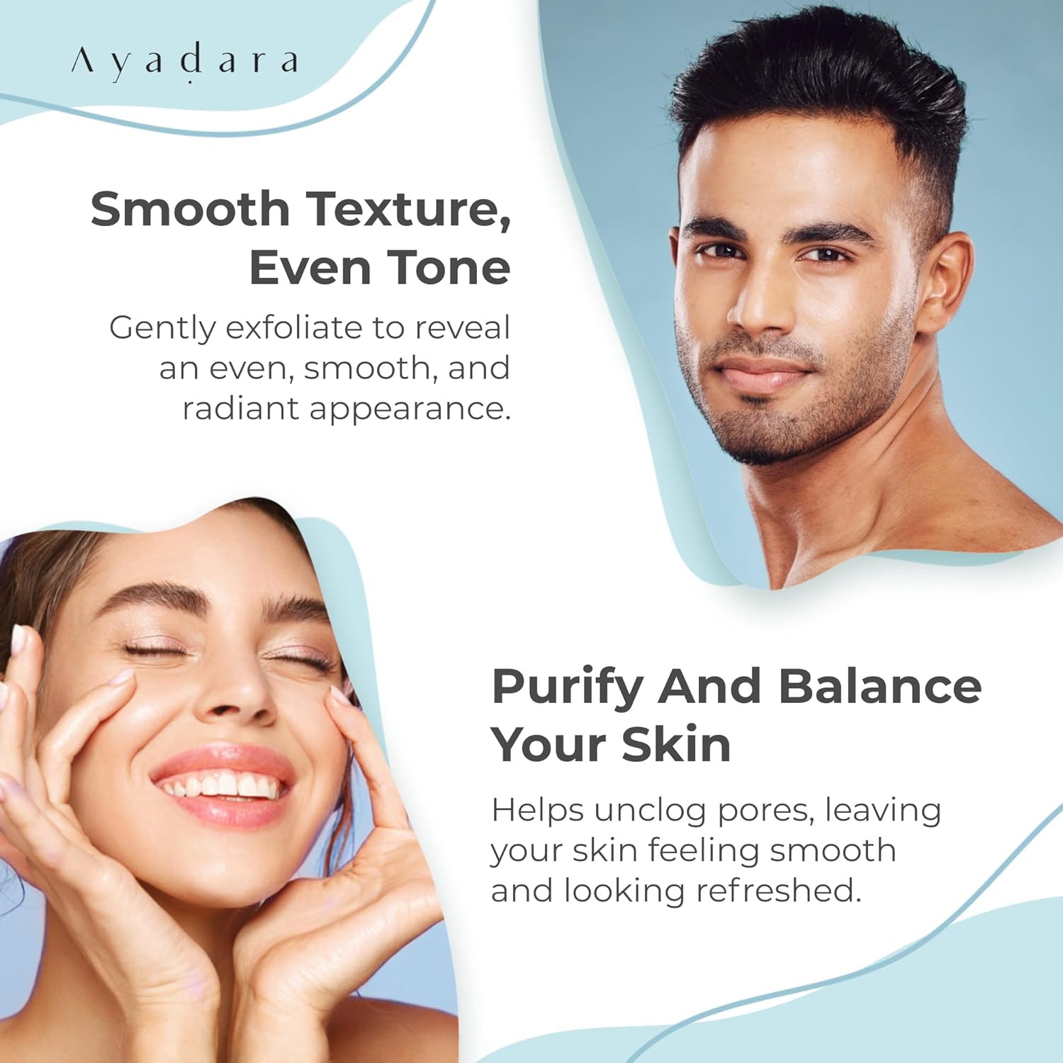 Highlights multiple skincare benefits of the product, focusing on improving skin texture, evening skin tone, and purifying/balancing the skin.