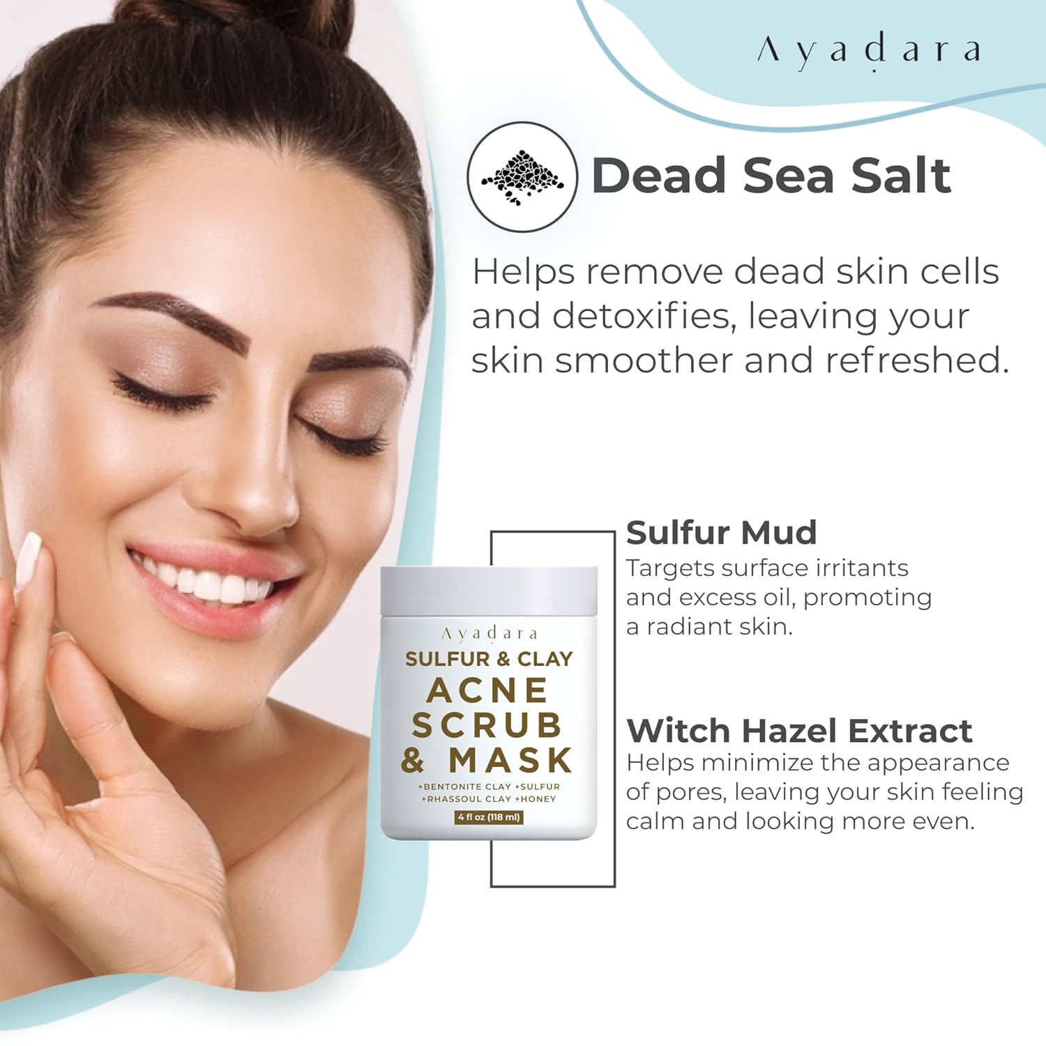 Highlights multiple key ingredients and their specific benefits for skin care, emphasizing how each component contributes to improving skin health and appearance.