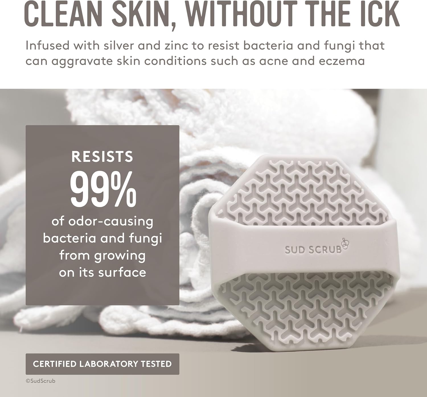Highlights multiple benefits of the product: its ability to resist bacteria and fungi, prevent odors, and be gentle on skin conditions. Provides a specific, quantifiable benefit to build trust in…