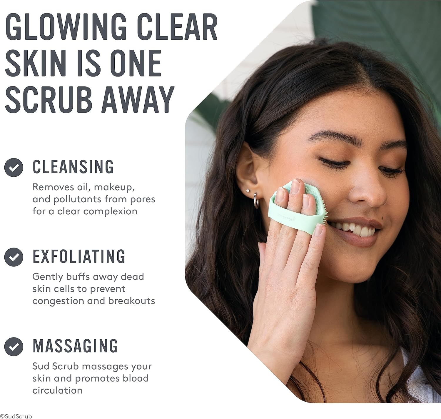 Highlights the multiple benefits of the skincare product, showing how it cleanses, exfoliates, and massages the skin for a clear complexion.