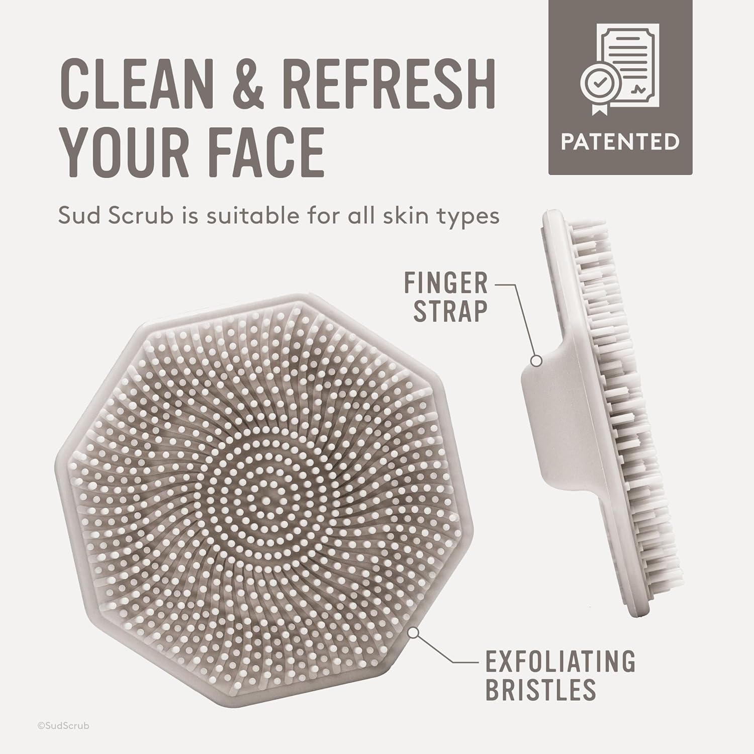 Highlights the key features of the Sud Scrub face cleaning tool, showing its exfoliating bristles and finger strap design for easy use. Emphasizes that the product has a patented design, suggesting…