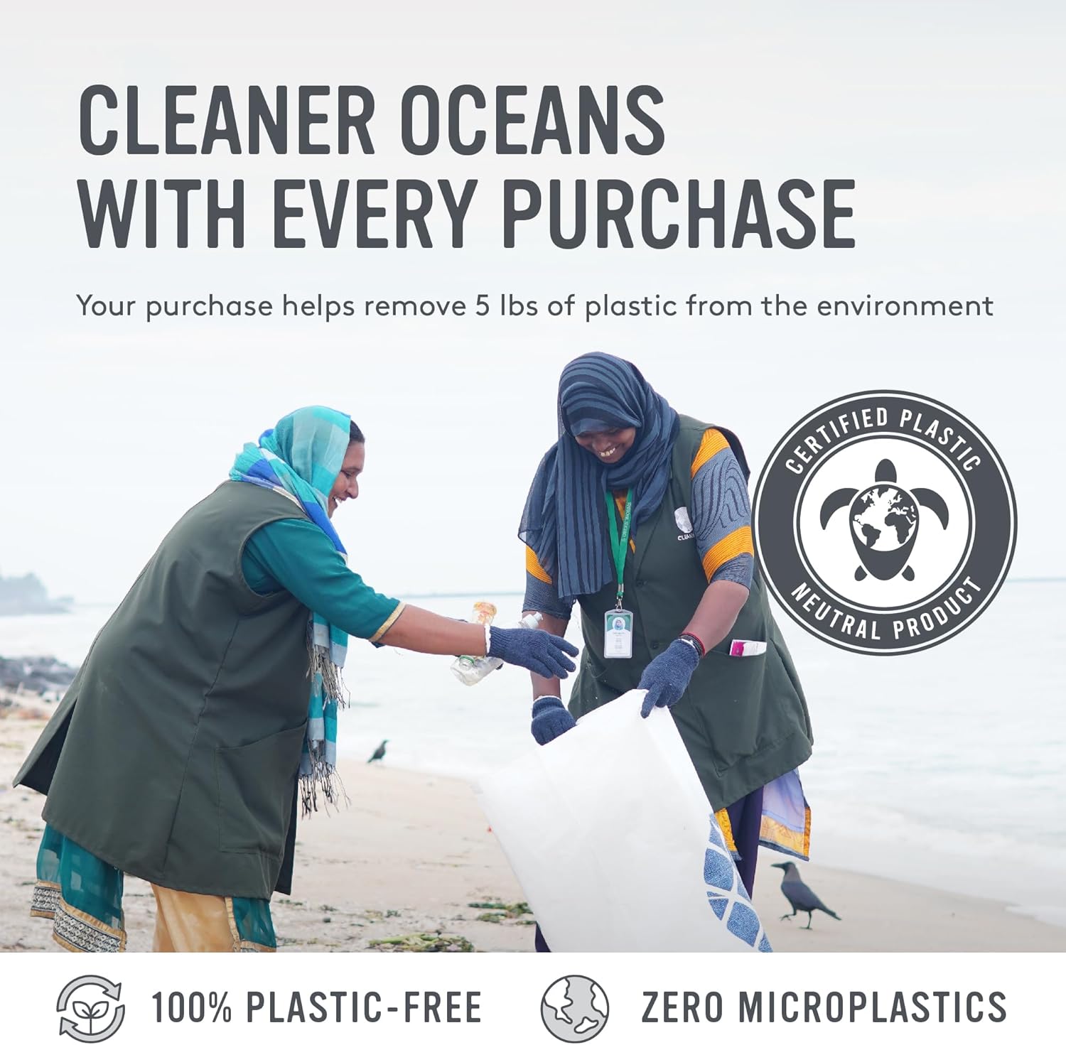 Highlights the product's environmental benefits, including ocean cleanup efforts and plastic-free composition, to appeal to eco-conscious consumers.