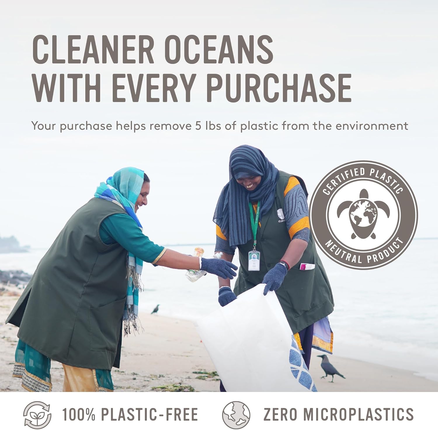 Highlights the product's environmental benefits, including ocean cleanup and plastic-free materials, to appeal to eco-conscious consumers.