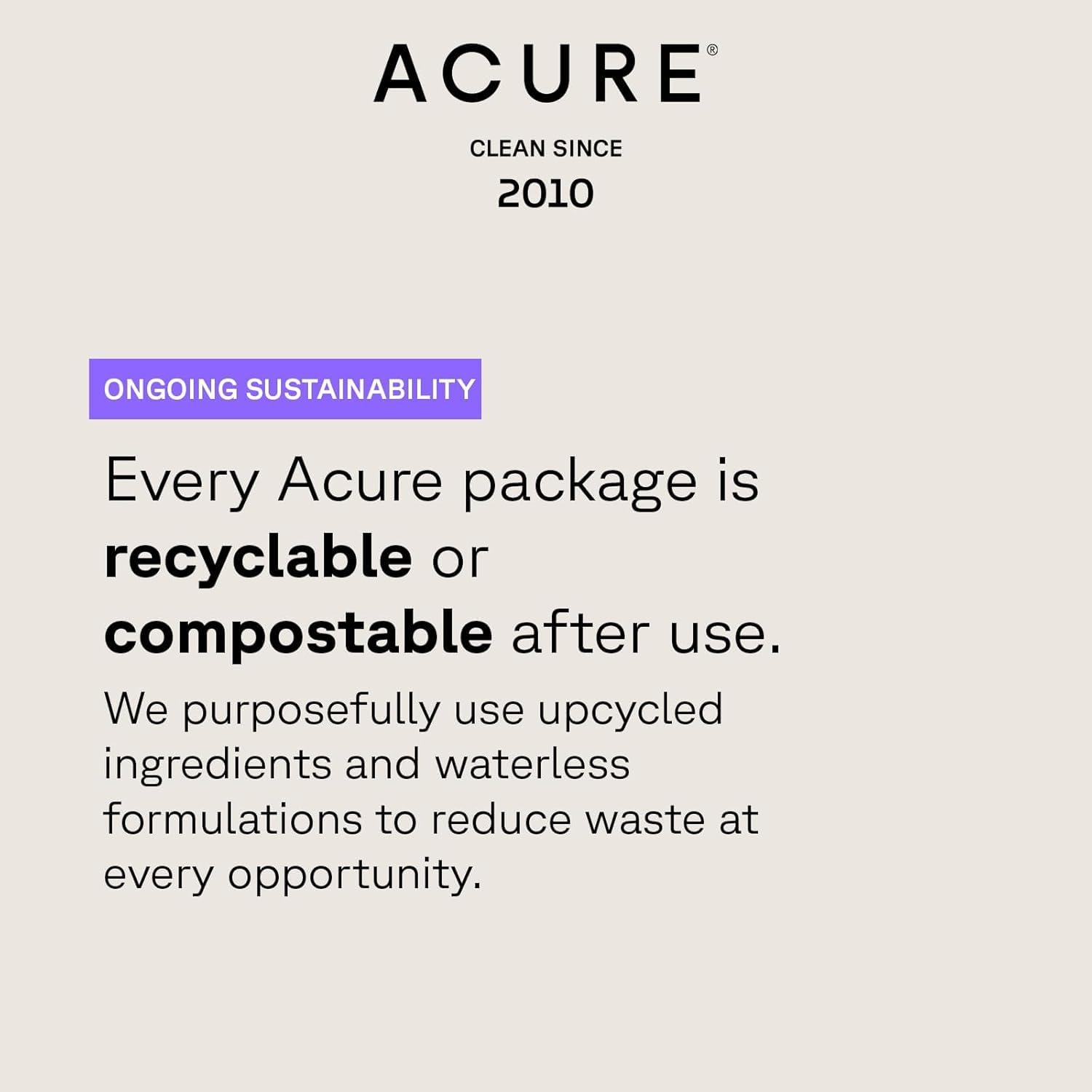 Emphasizes the brand's commitment to sustainability by highlighting their recyclable and compostable packaging, as well as their use of upcycled ingredients and waterless formulations.