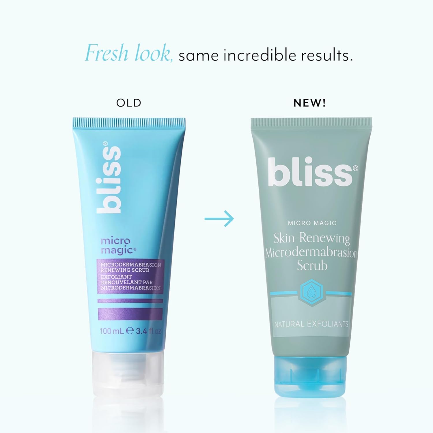 Showcases the updated packaging design of the Bliss Micro Magic product, reassuring customers that while the look has changed, the product's effectiveness remains the same.