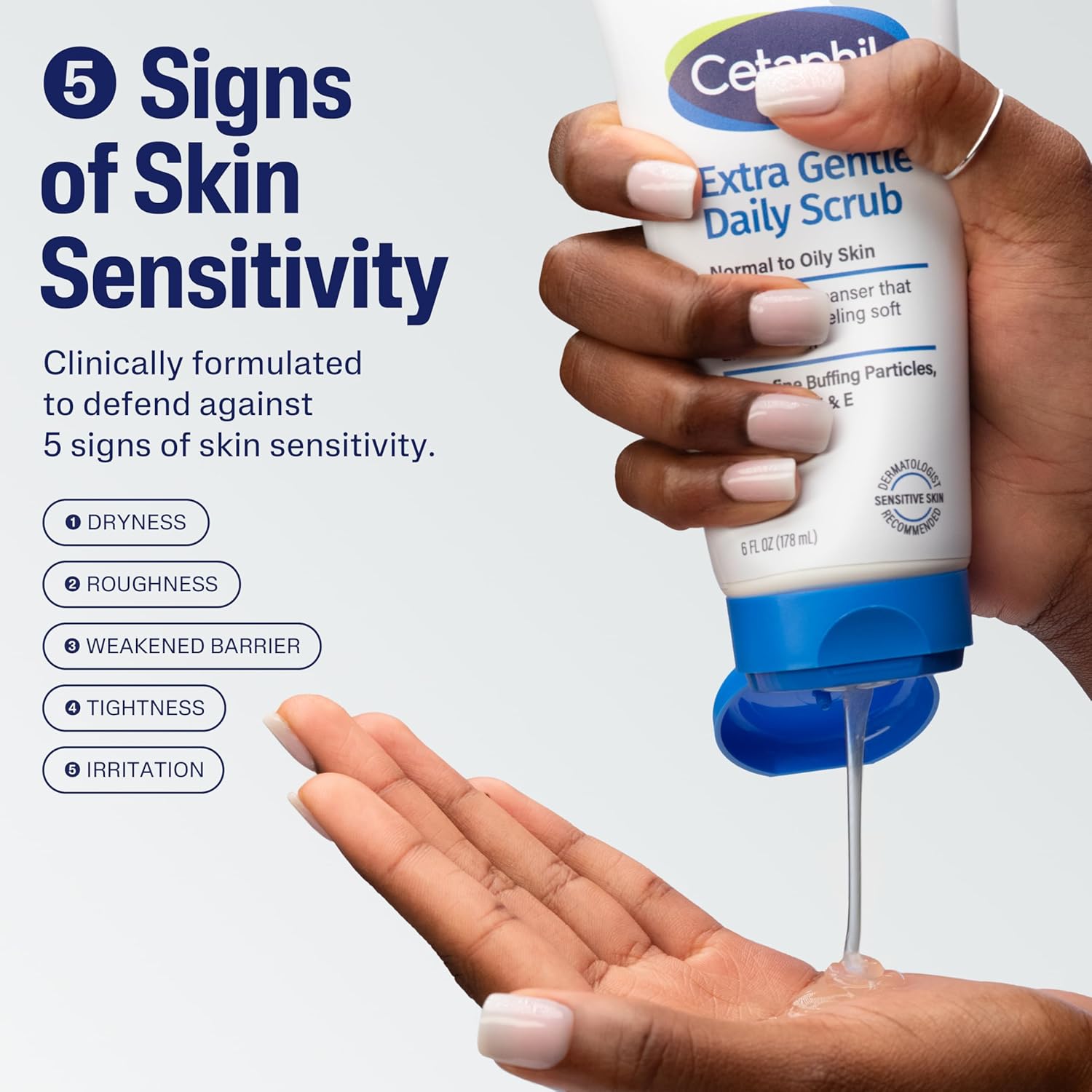 Highlights the product's ability to address multiple signs of skin sensitivity while providing gentle daily exfoliation for sensitive skin.