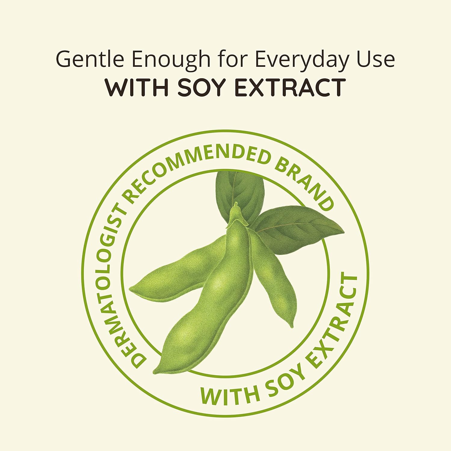Highlights the product's gentle formulation with soy extract, emphasizing its suitability for everyday use and dermatologist recommendation.