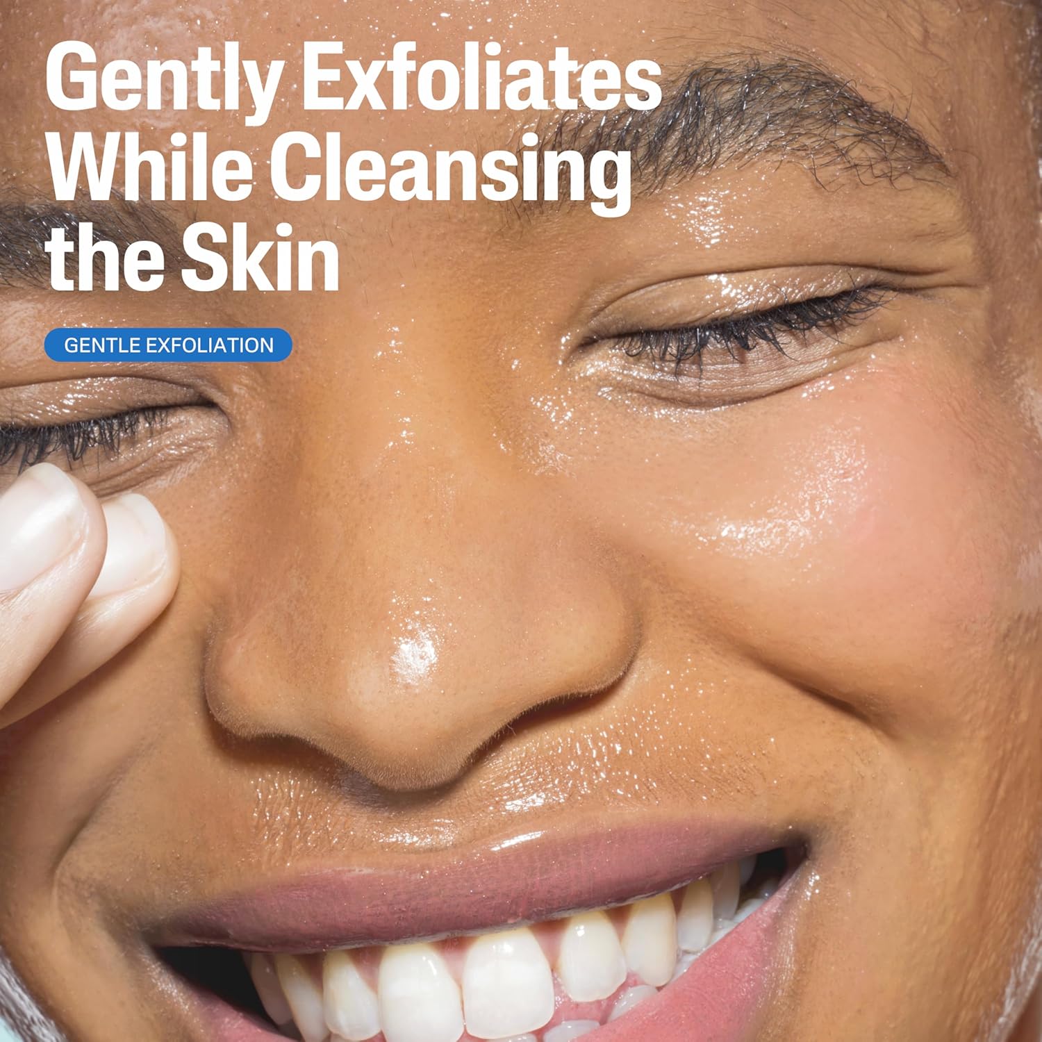 Highlights the product's ability to gently exfoliate while cleansing the skin, emphasizing its effectiveness and gentleness.