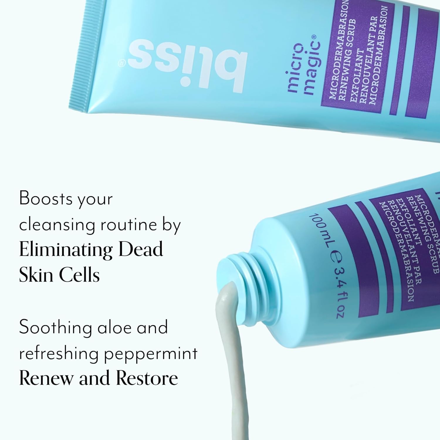 Highlights multiple benefits of the product: its ability to eliminate dead skin cells and its soothing ingredients, emphasizing how it enhances the user's cleansing routine.
