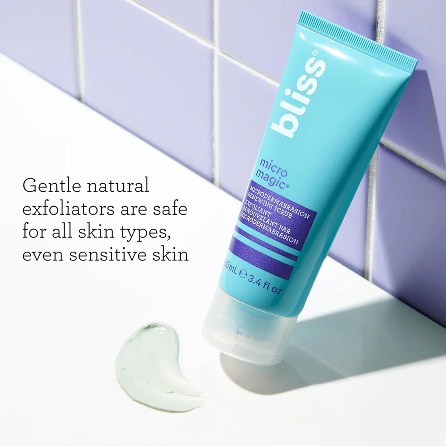 Emphasizes that the product is a gentle, natural exfoliator safe for all skin types, including sensitive skin.