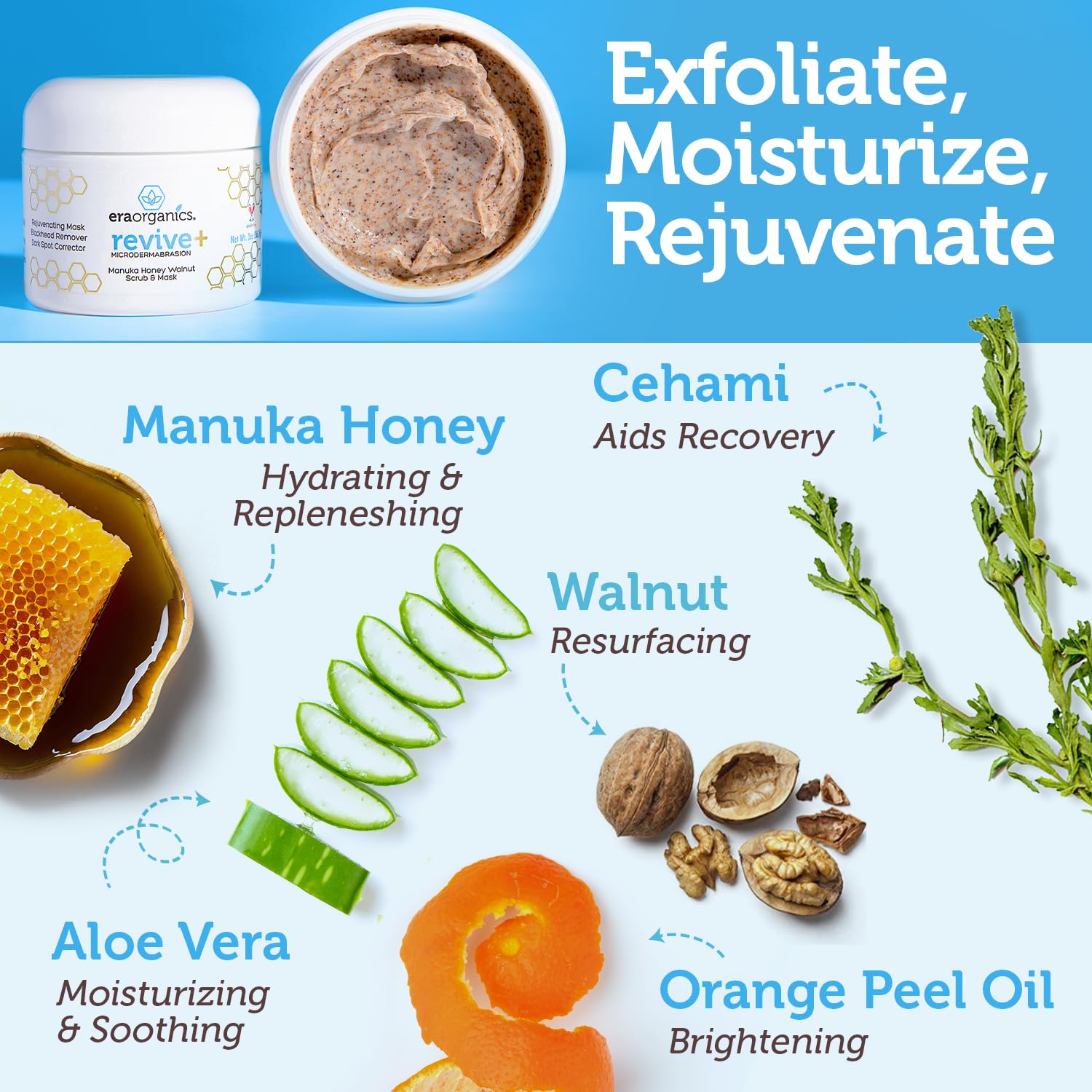 Highlights multiple natural ingredients and their specific skin benefits to showcase the product's effectiveness for exfoliation, moisturizing, and rejuvenation.