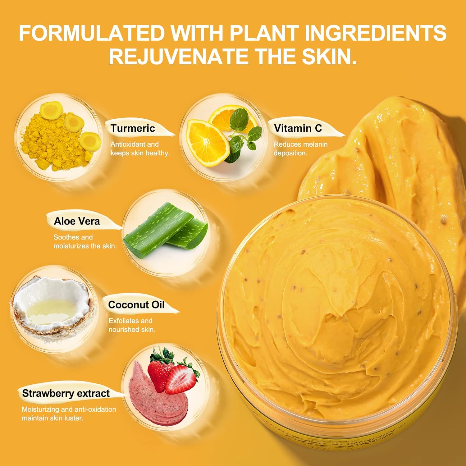Highlights multiple plant-based ingredients and their specific benefits for skin health and rejuvenation.