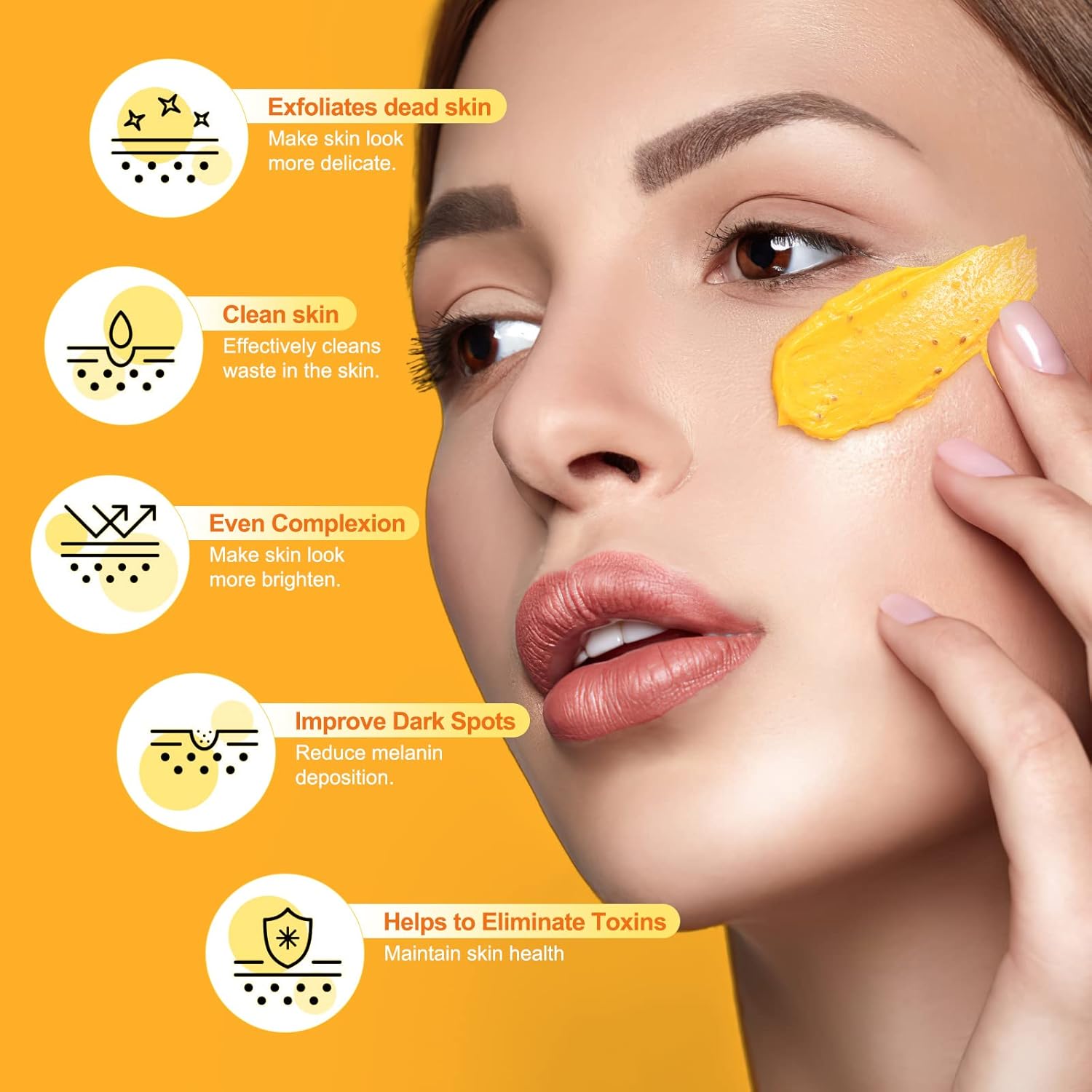 Highlights multiple skincare benefits of the product, including exfoliation, cleansing, and improving overall skin appearance.