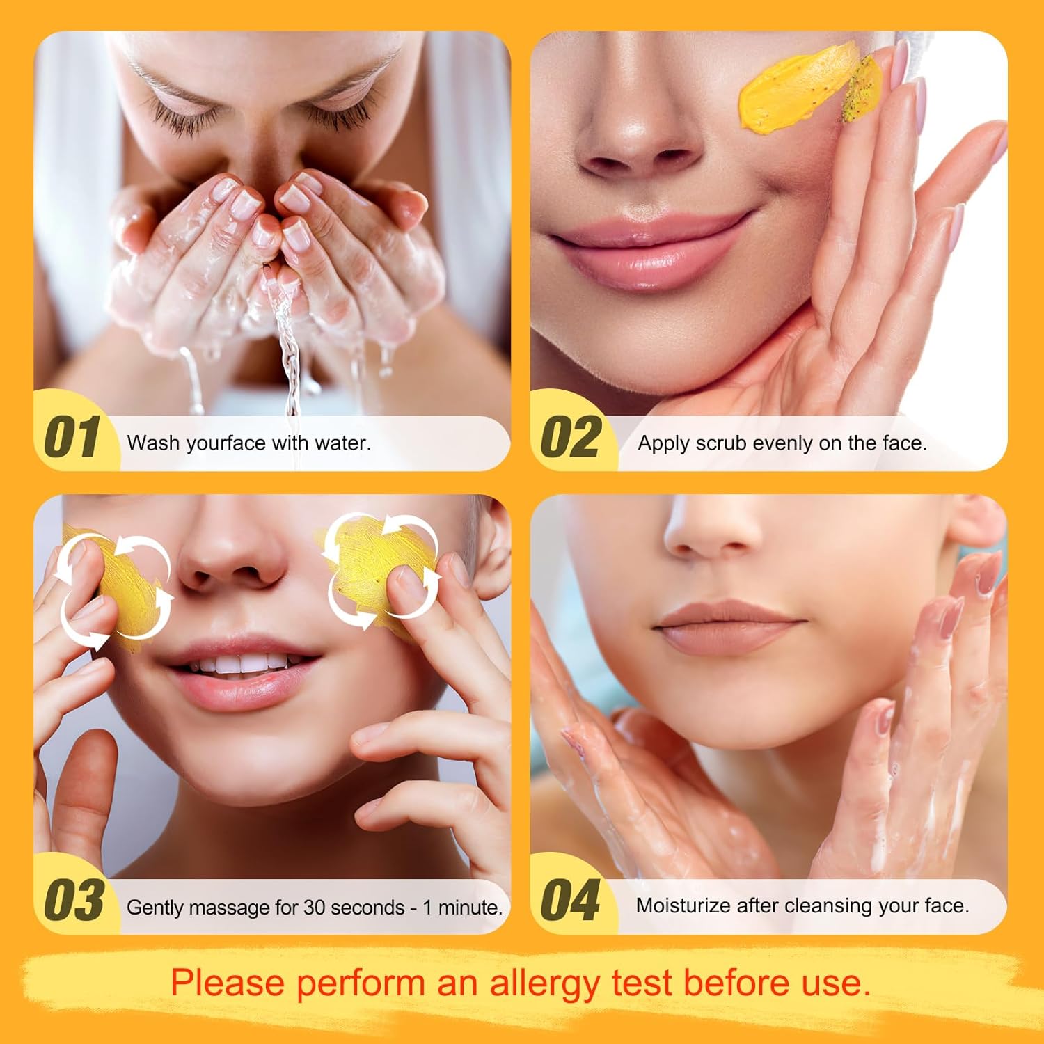 Demonstrates the step-by-step process of applying and using a facial scrub product, guiding customers on proper usage for best results.