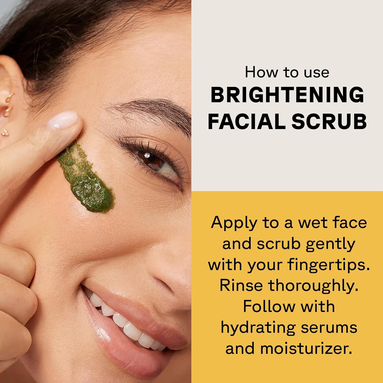 Demonstrates the correct method for applying and using a brightening facial scrub product.