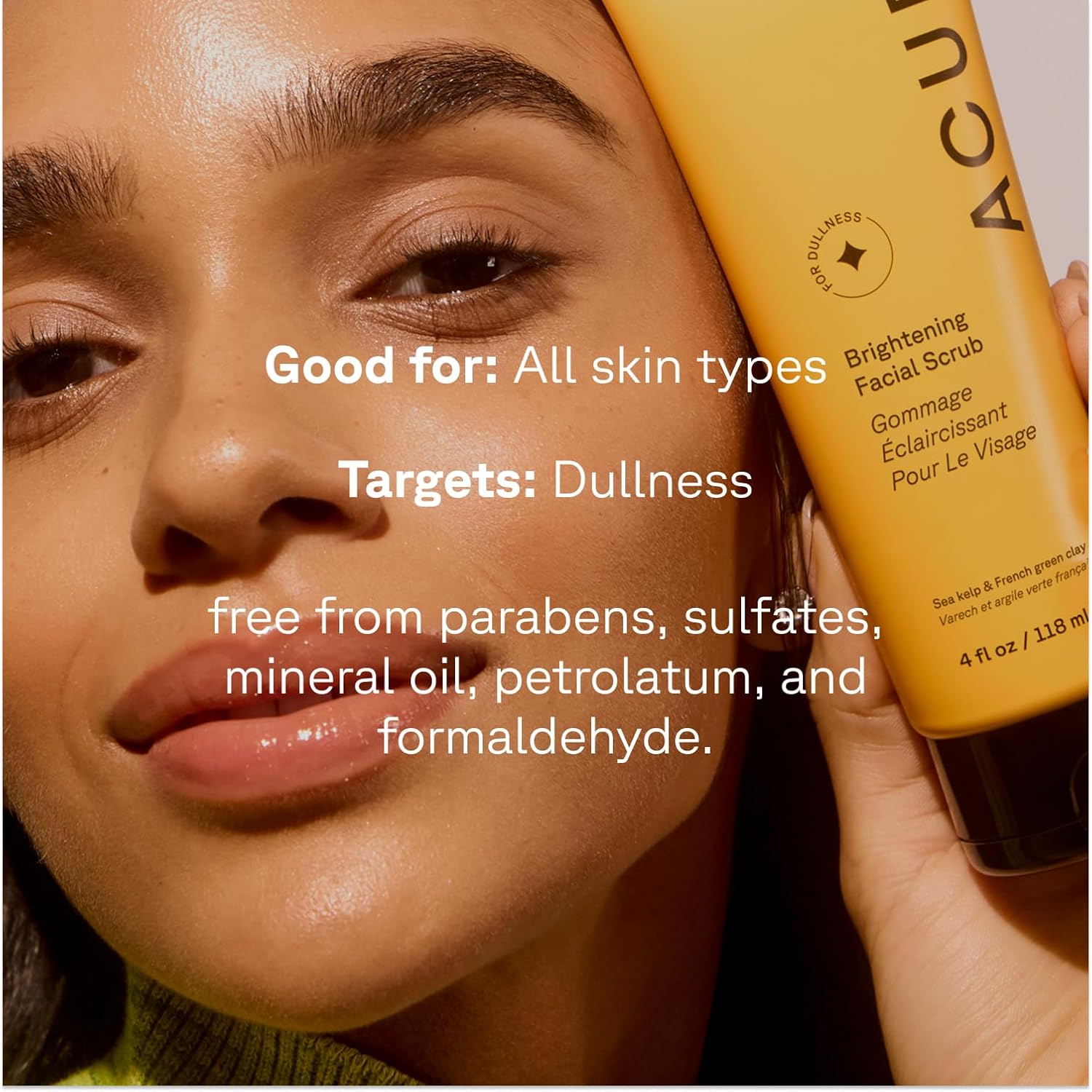 Highlights multiple benefits of the facial scrub, including its suitability for all skin types, targeting dullness, and being free from harmful ingredients.