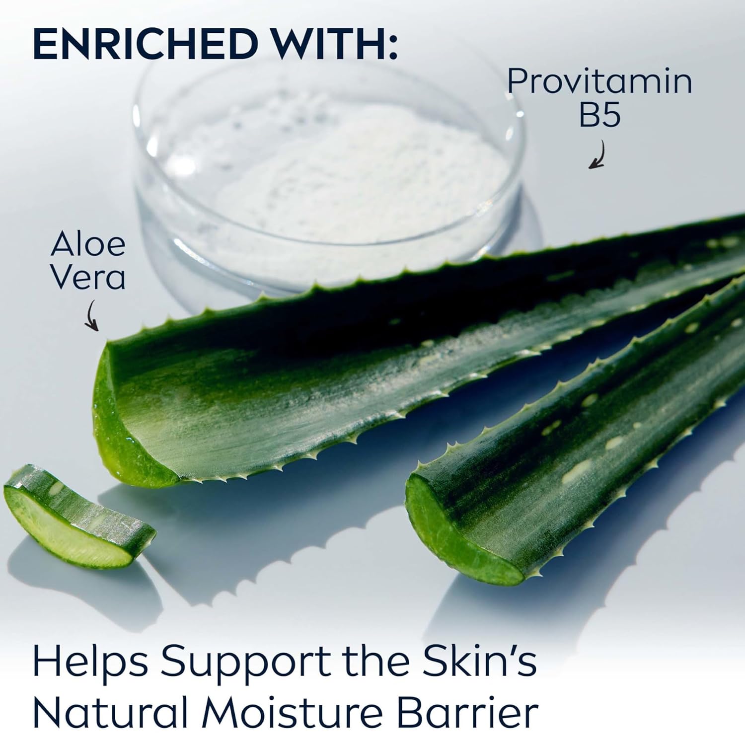 Highlights the product's key ingredients (Aloe Vera and Provitamin B5) and their benefit of supporting skin's natural moisture barrier.