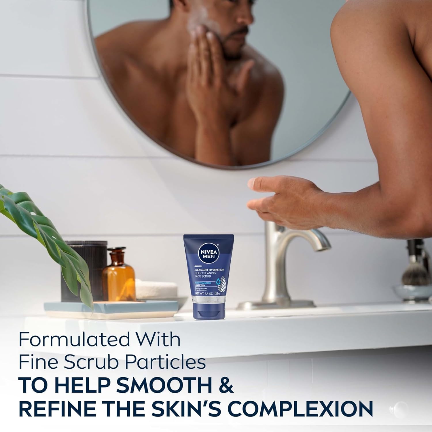 Highlights the product's ability to smooth and refine skin complexion using fine scrub particles.