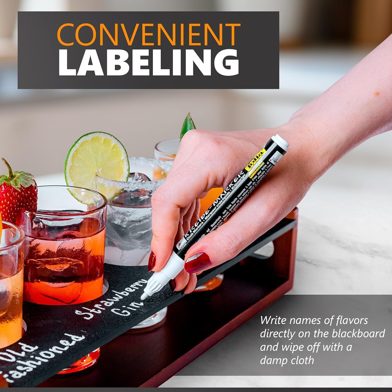 Demonstrates the product's easy labeling feature, allowing users to write and erase drink names directly on the blackboard surface.