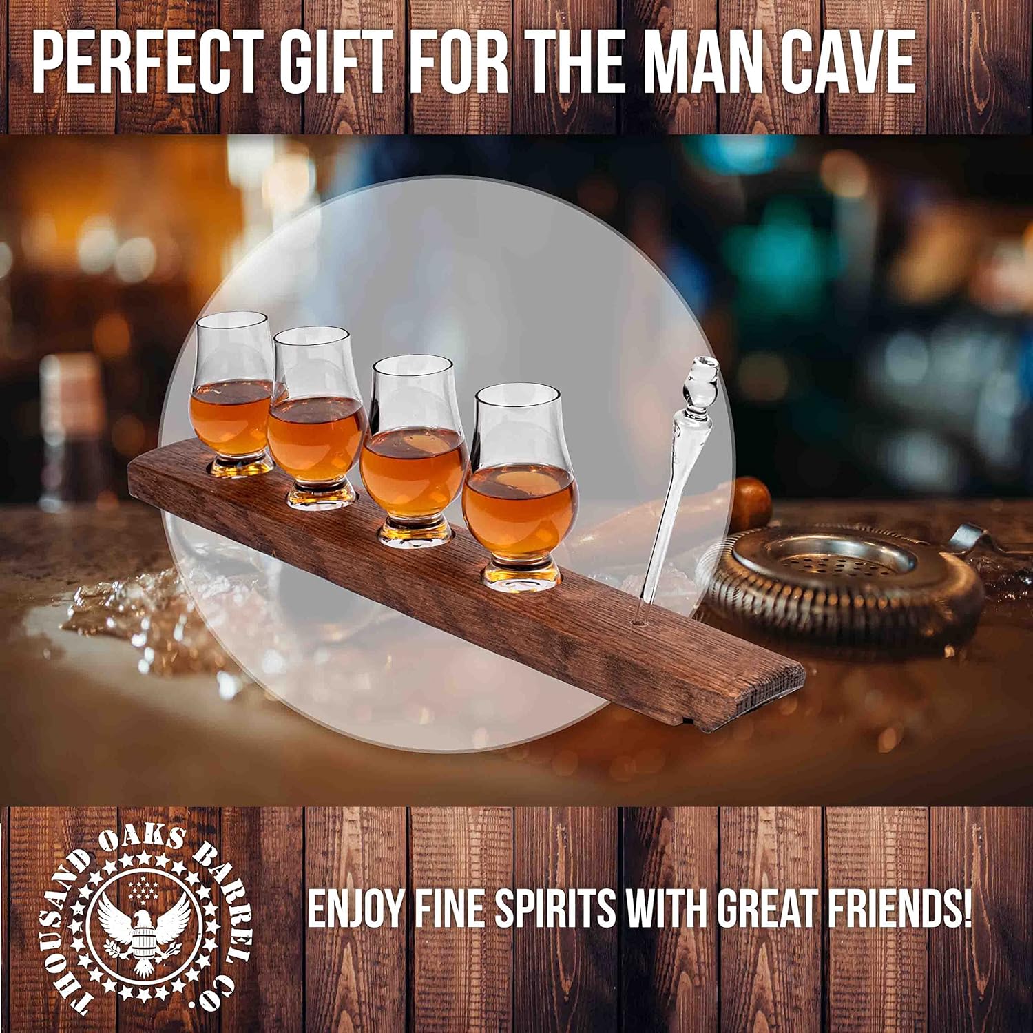Showcases the product as an ideal gift for a man cave, emphasizing its use for enjoying spirits with friends in a social setting.