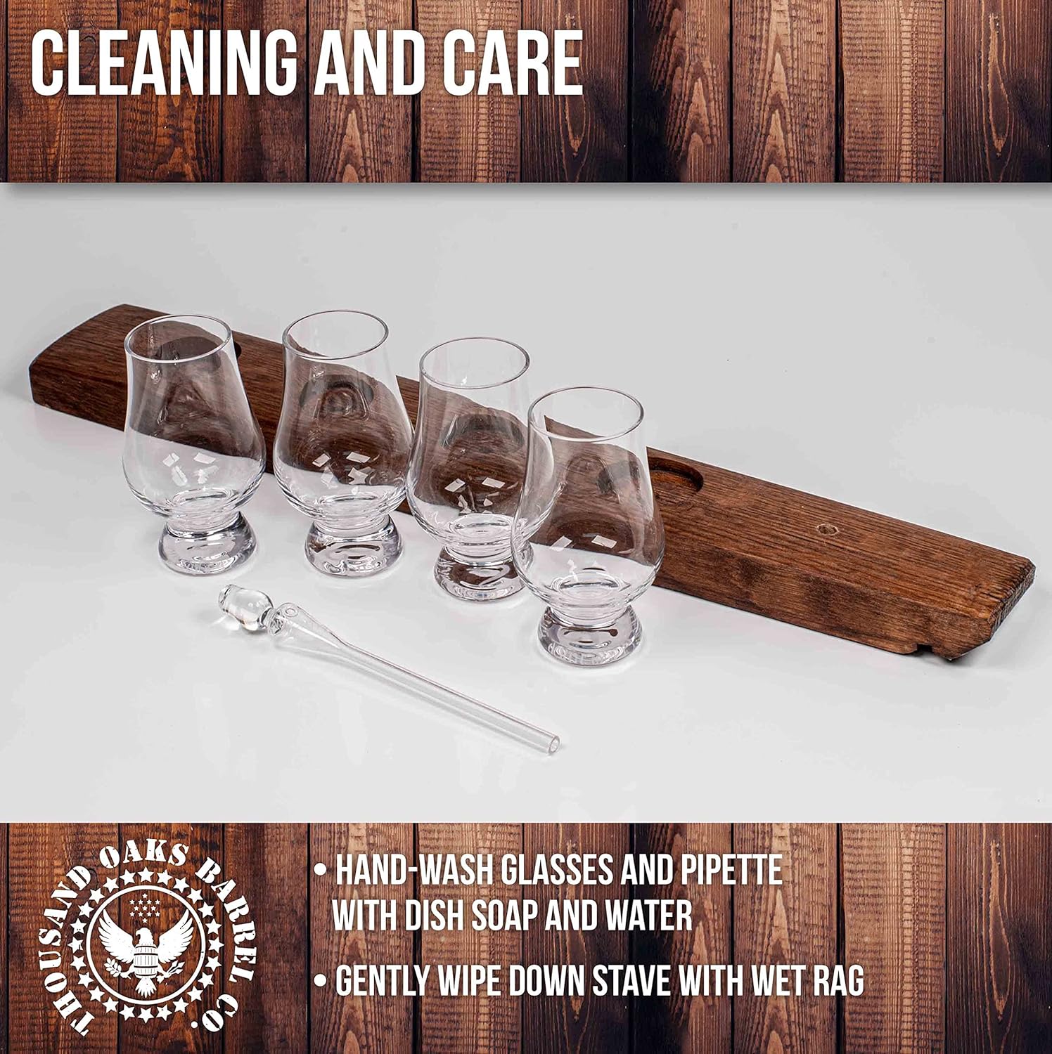 Provides clear instructions on how to properly clean and care for the glassware set and wooden stave.