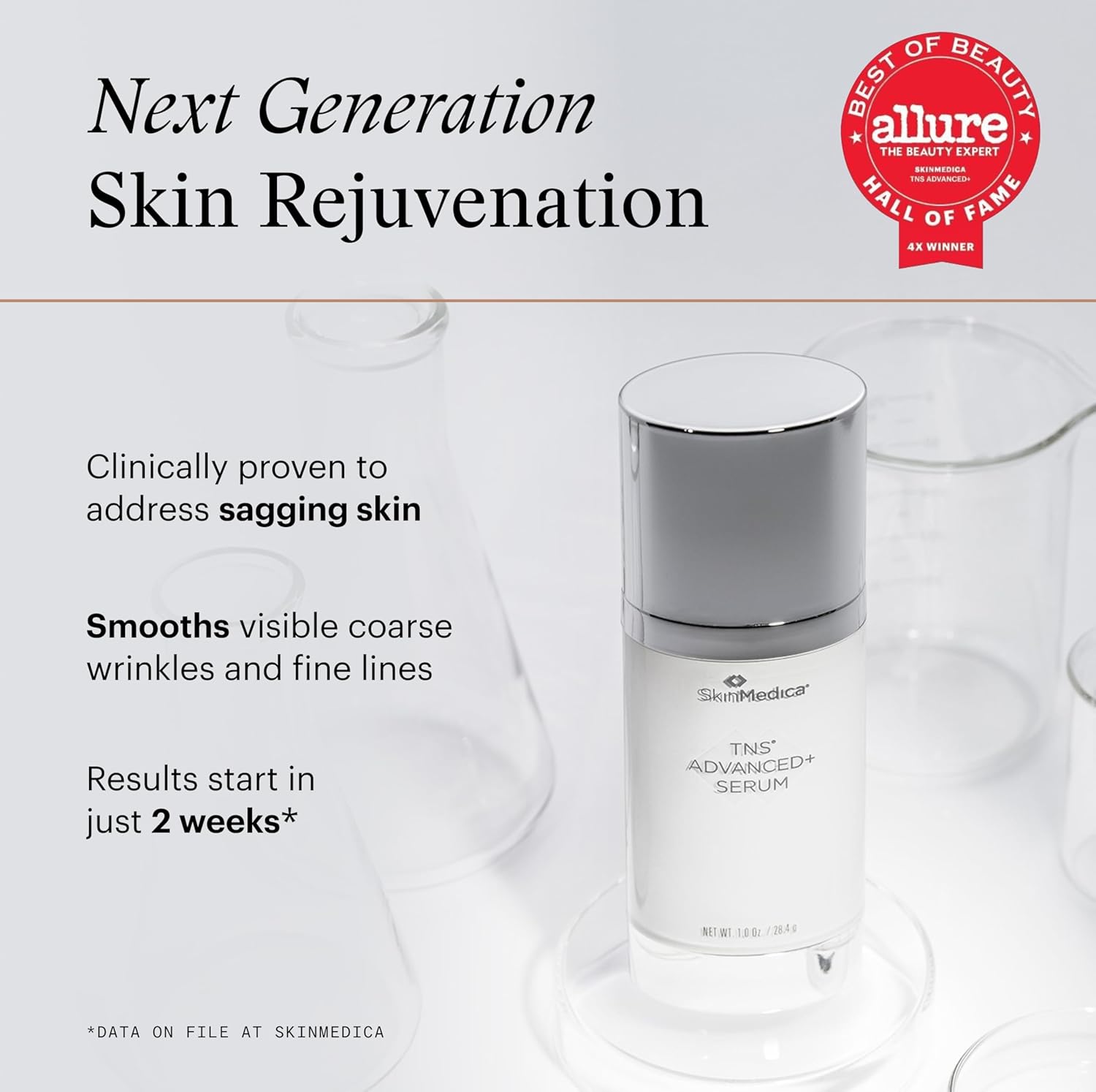 Highlights multiple benefits of the skincare product, including its ability to address sagging skin, smooth wrinkles, and provide quick results, while also showcasing its award-winning status.
