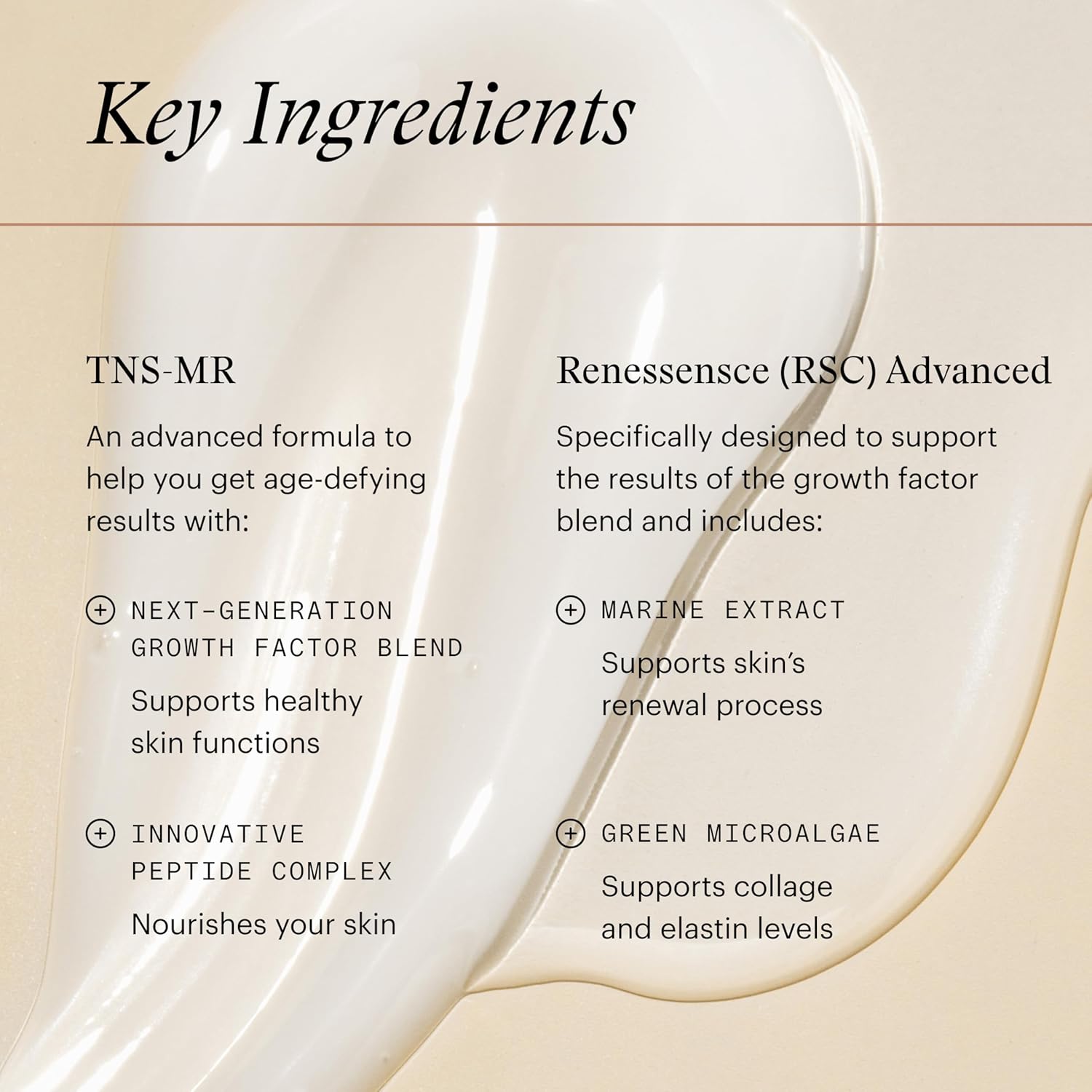 Highlights the key ingredients and their benefits in the product's anti-aging formula, showcasing multiple features to convince shoppers of its effectiveness.