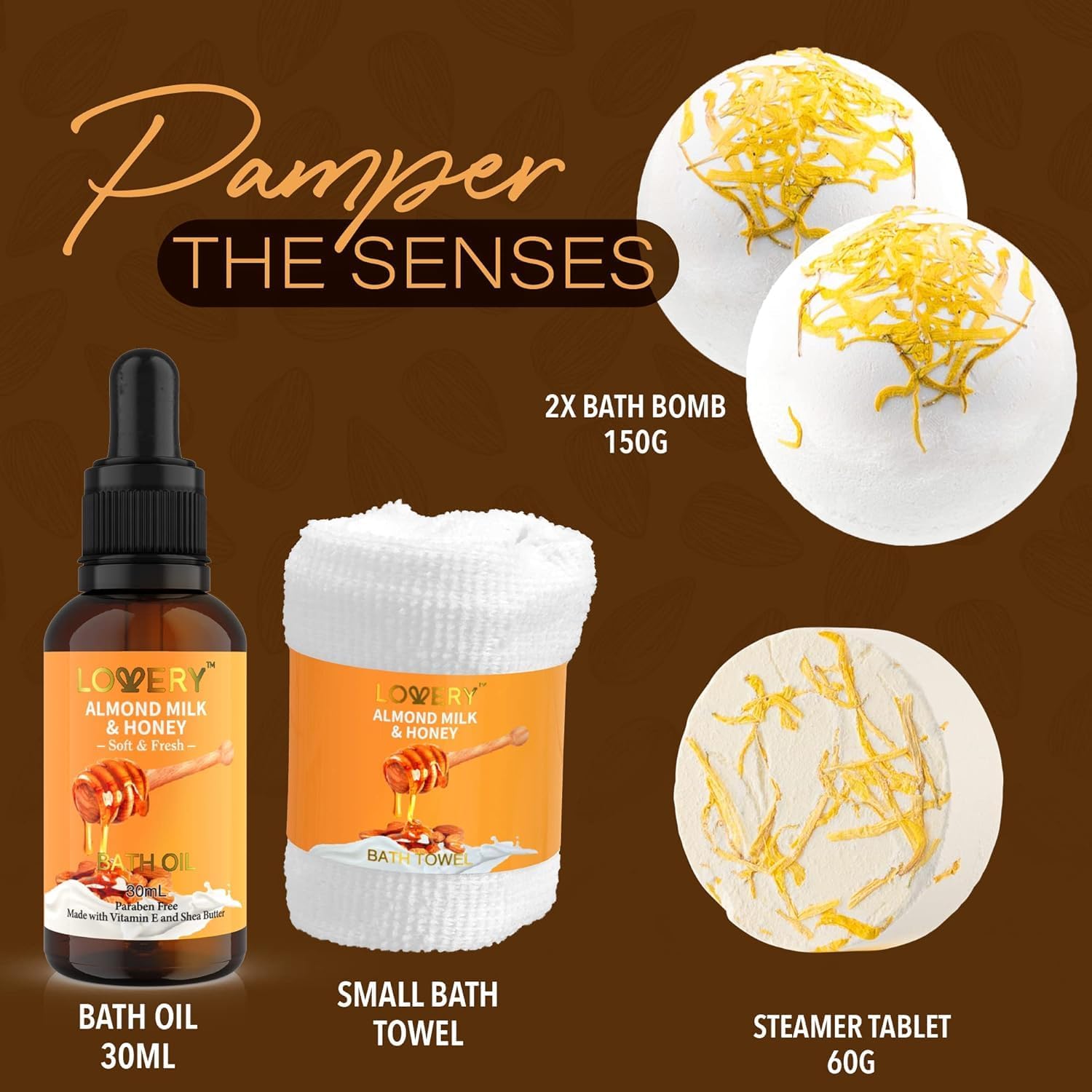 Shows all the items included in the bath set, highlighting the variety and value of the product bundle. Emphasizes the brand's focus on pampering and indulgence, appealing to customers seeking a…