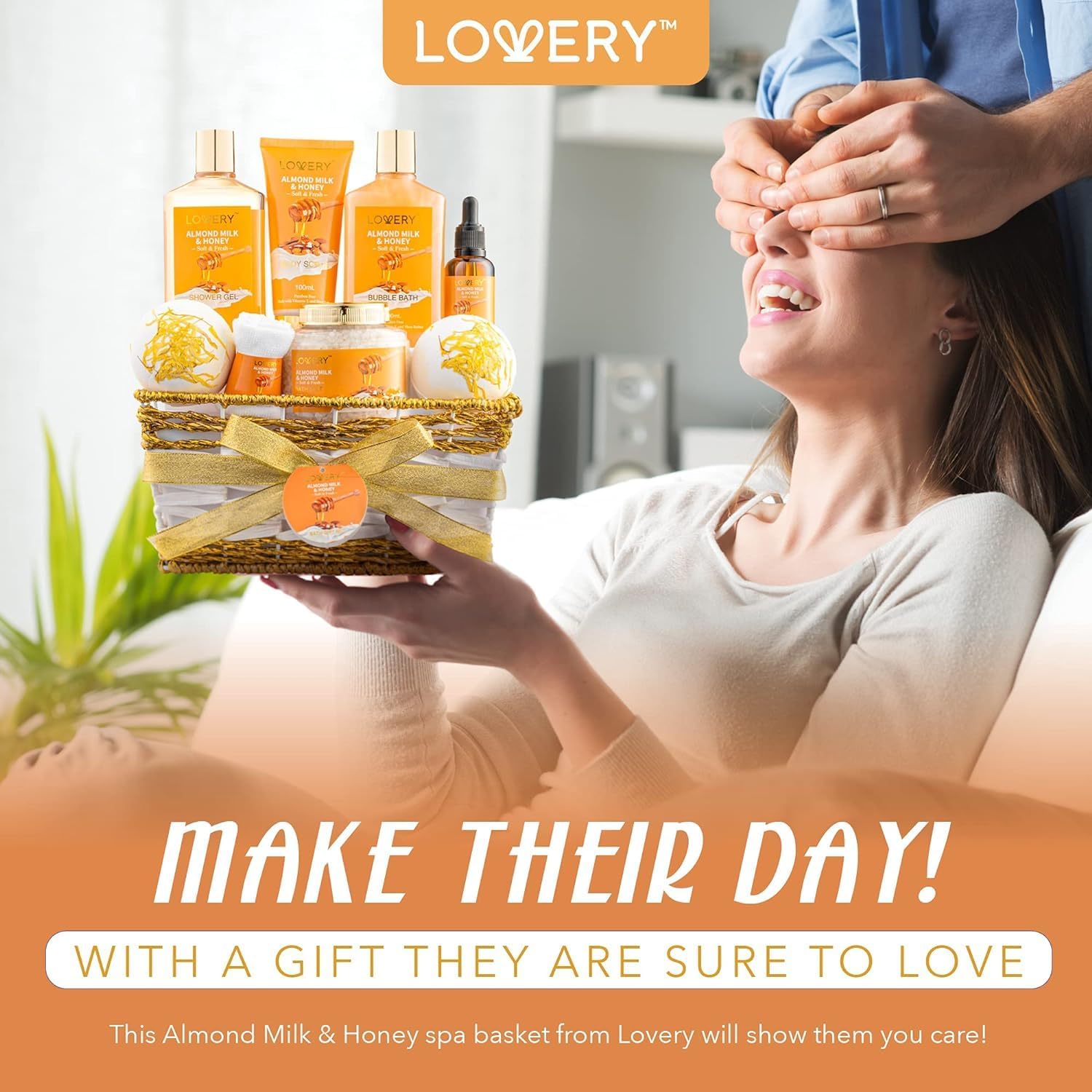 Promotes the product as an ideal gift to show care and make someone's day special. Showcases the complete set of products included in the gift basket to highlight its value and variety.