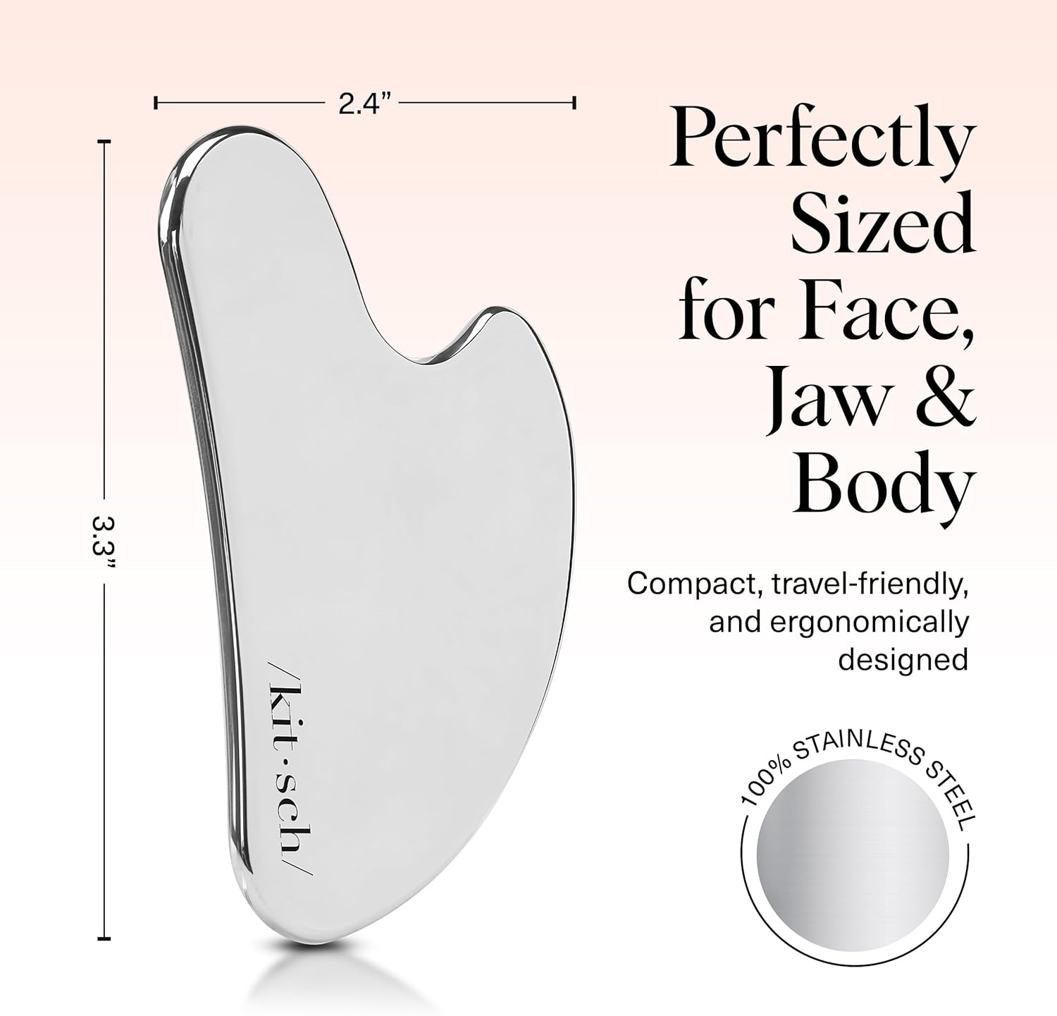 Demonstrates the product's small, travel-friendly size and ergonomic shape designed for face, jaw, and body use. Highlights the product's material composition to reassure customers about its quality…