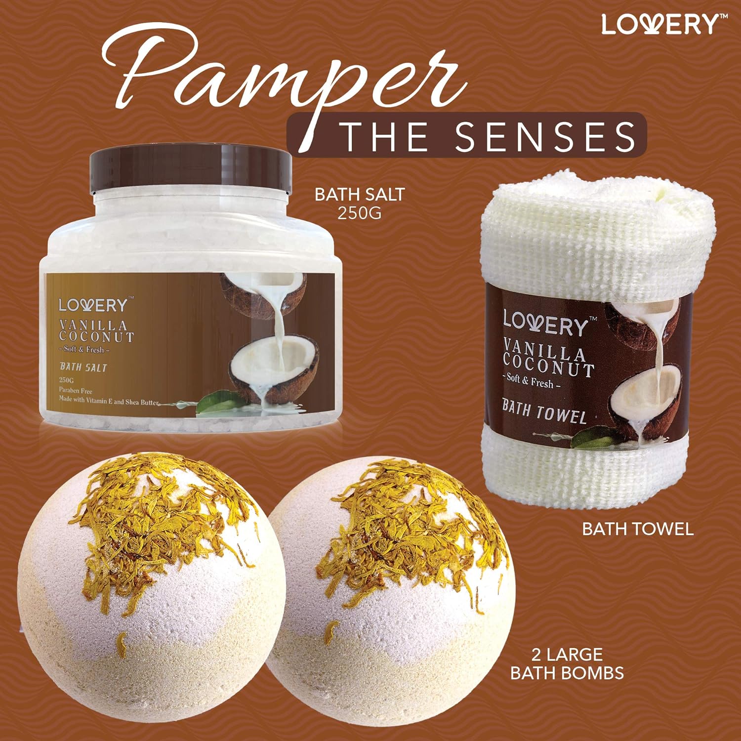 Shows all the items included in the bath set, highlighting the variety of products for a pampering experience. Demonstrates the different bath products that can be used together for a luxurious,…