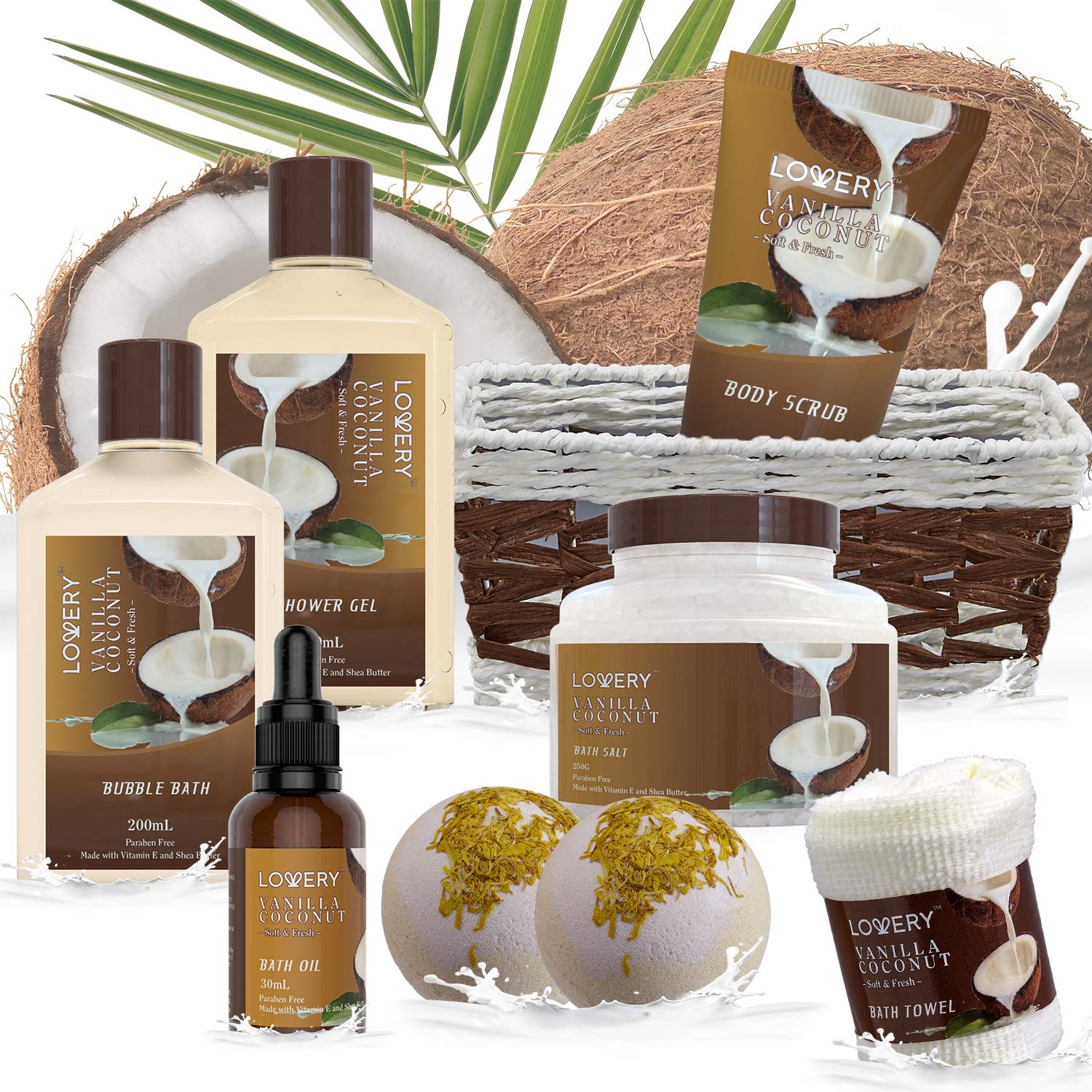 Shows all the products included in the Vanilla Coconut bath and body gift set, highlighting the variety and value for the customer.