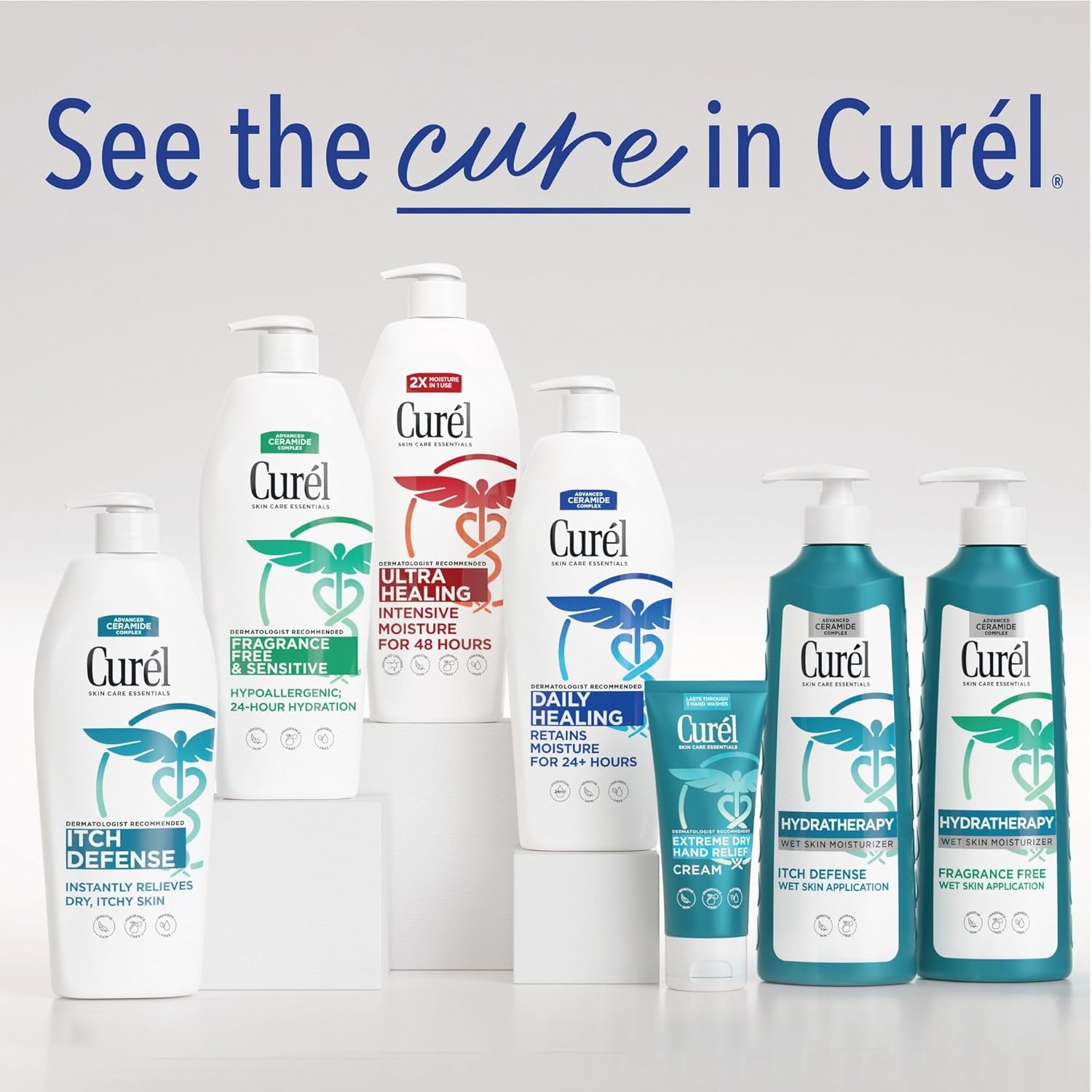 Highlights the full range of Curél skincare products, emphasizing the brand's focus on healing and moisturizing dry skin.