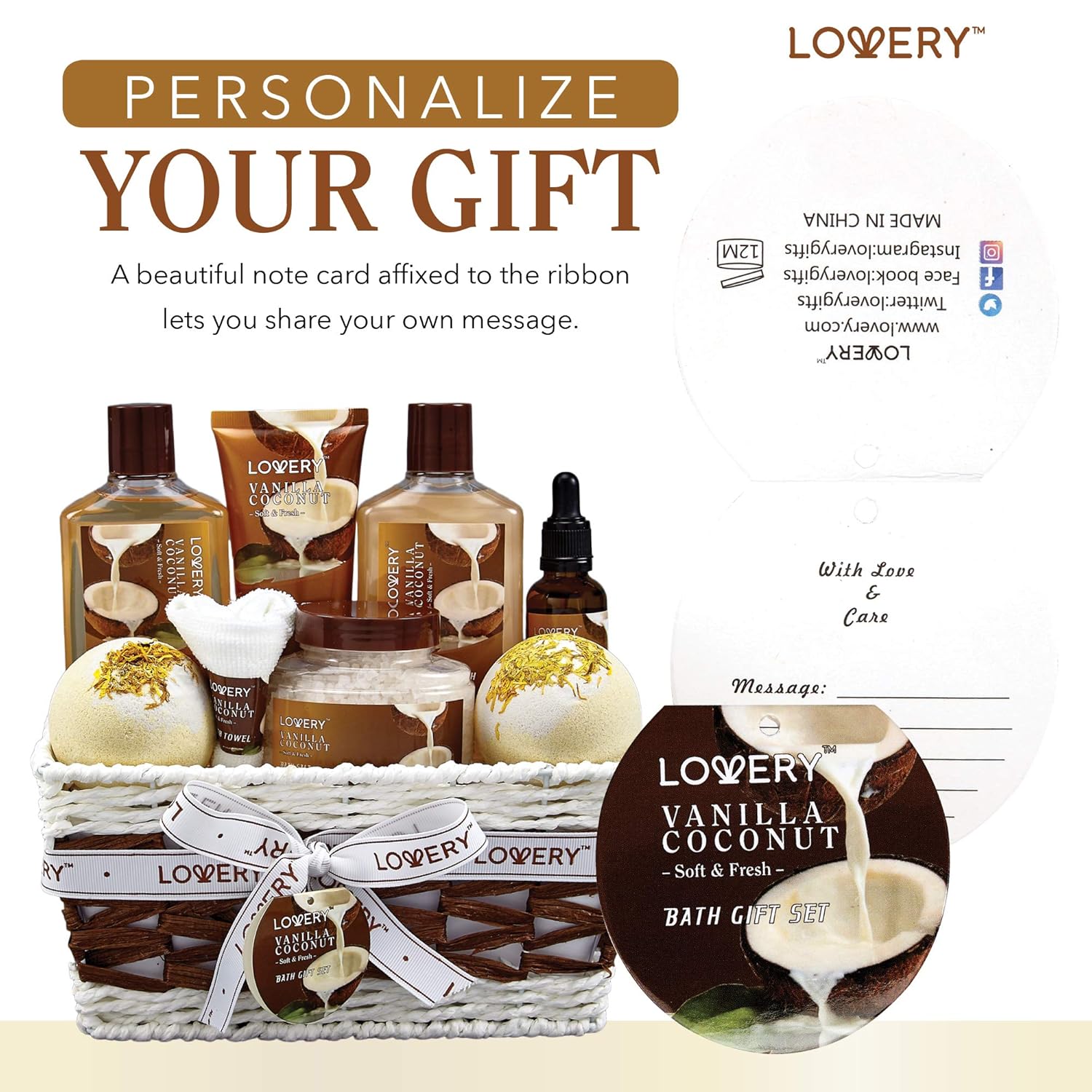 Shows all the items included in the Vanilla Coconut bath gift set, highlighting the variety and value of the package. Emphasizes the ability to personalize the gift with a custom message, adding a…