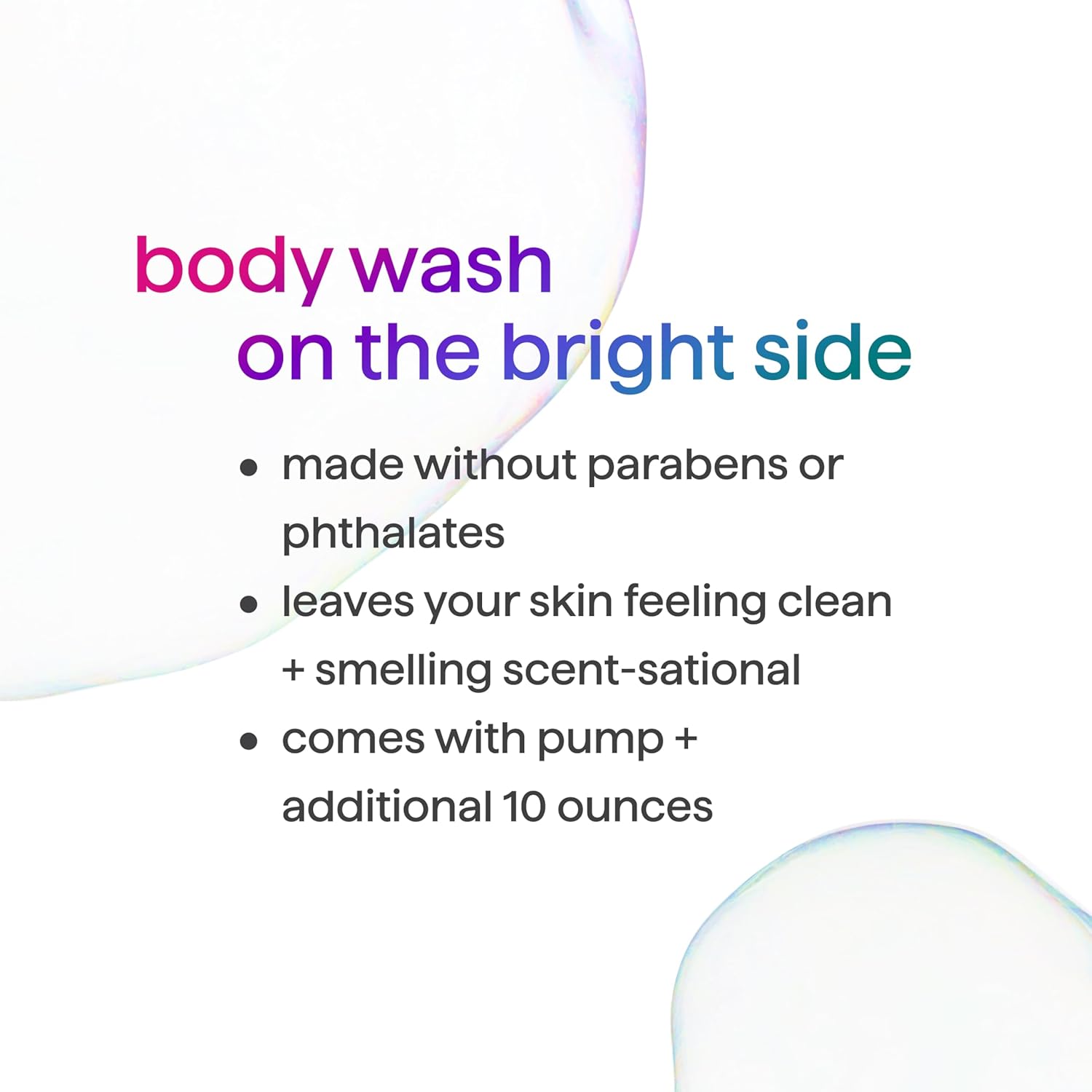 Highlights multiple benefits of the body wash, including its safe ingredients, effectiveness, pleasant scent, and convenient packaging.