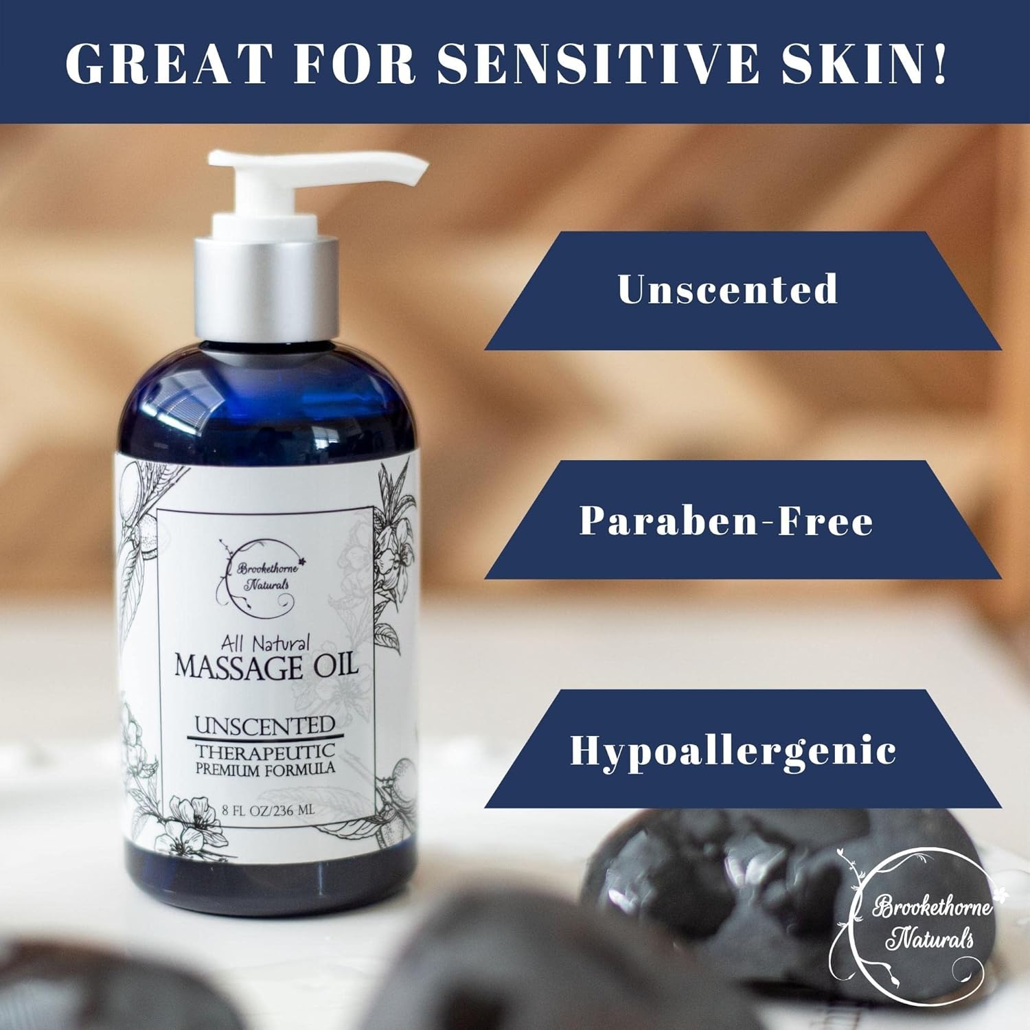 Highlights multiple benefits of the massage oil that make it suitable for sensitive skin, reassuring potential buyers about its gentleness and safety.