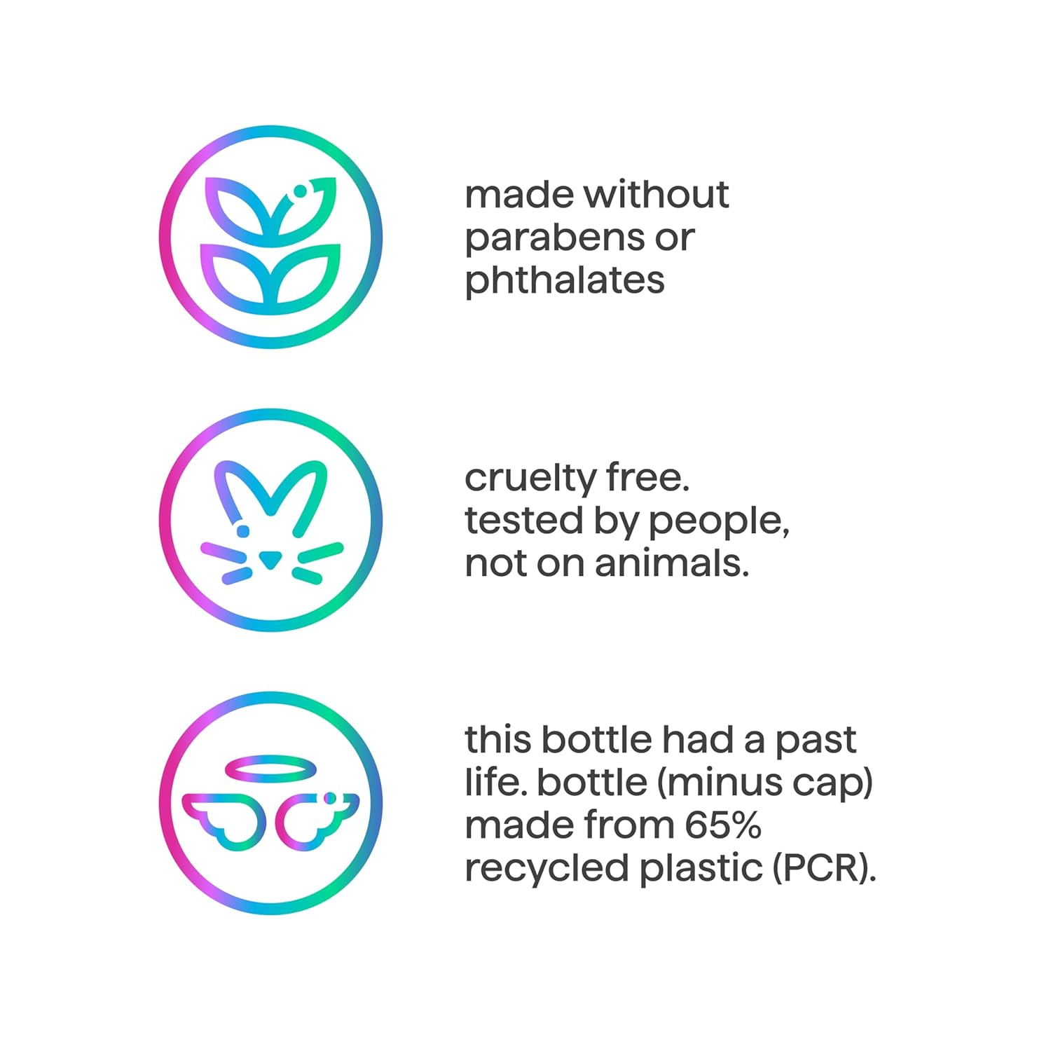 Highlights the product's safety features and eco-friendly attributes to reassure customers about its ingredients, testing methods, and environmental impact.