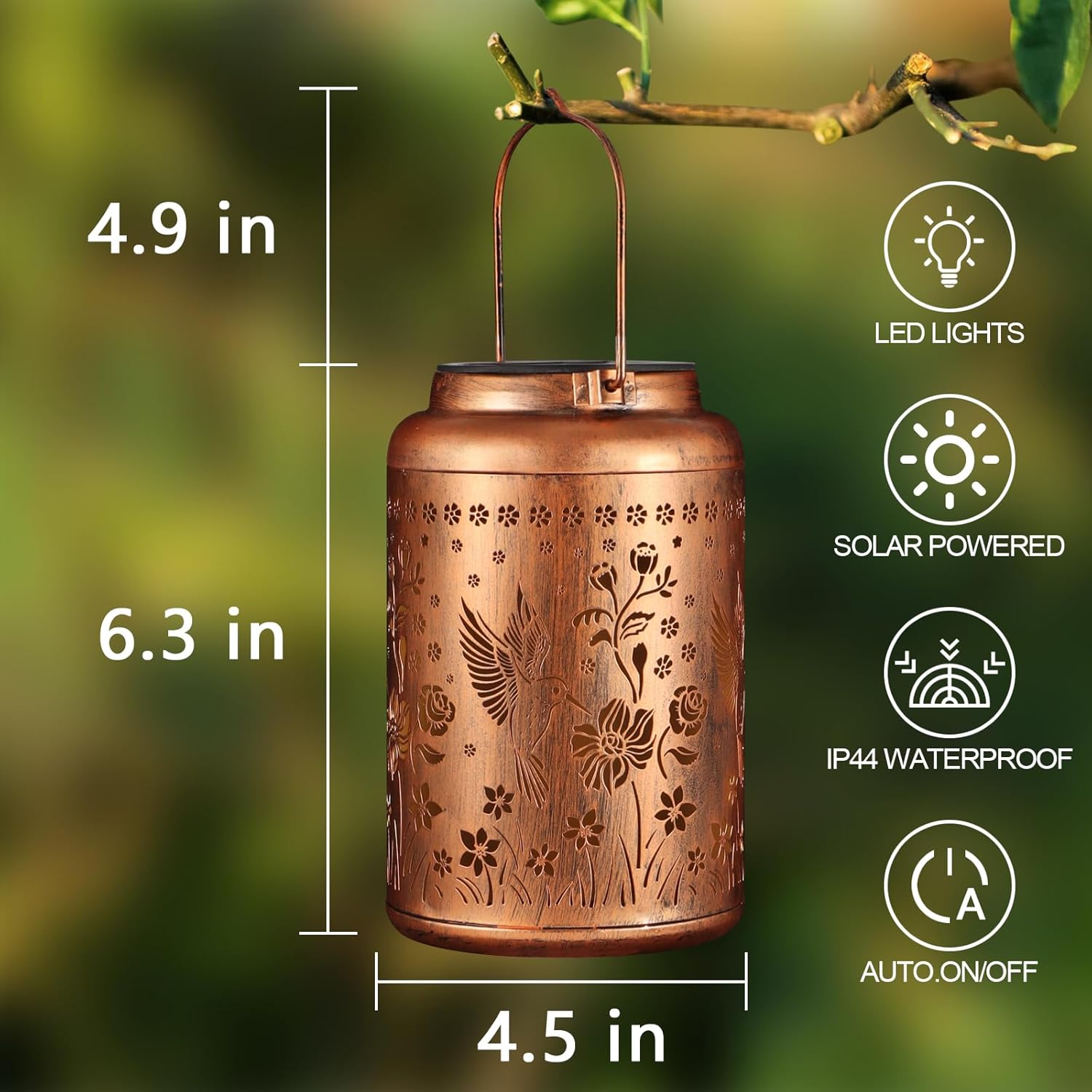 Highlights multiple key features of the solar lantern to demonstrate its versatility and ease of use for outdoor lighting. Provides exact measurements of the lantern to help customers understand its…