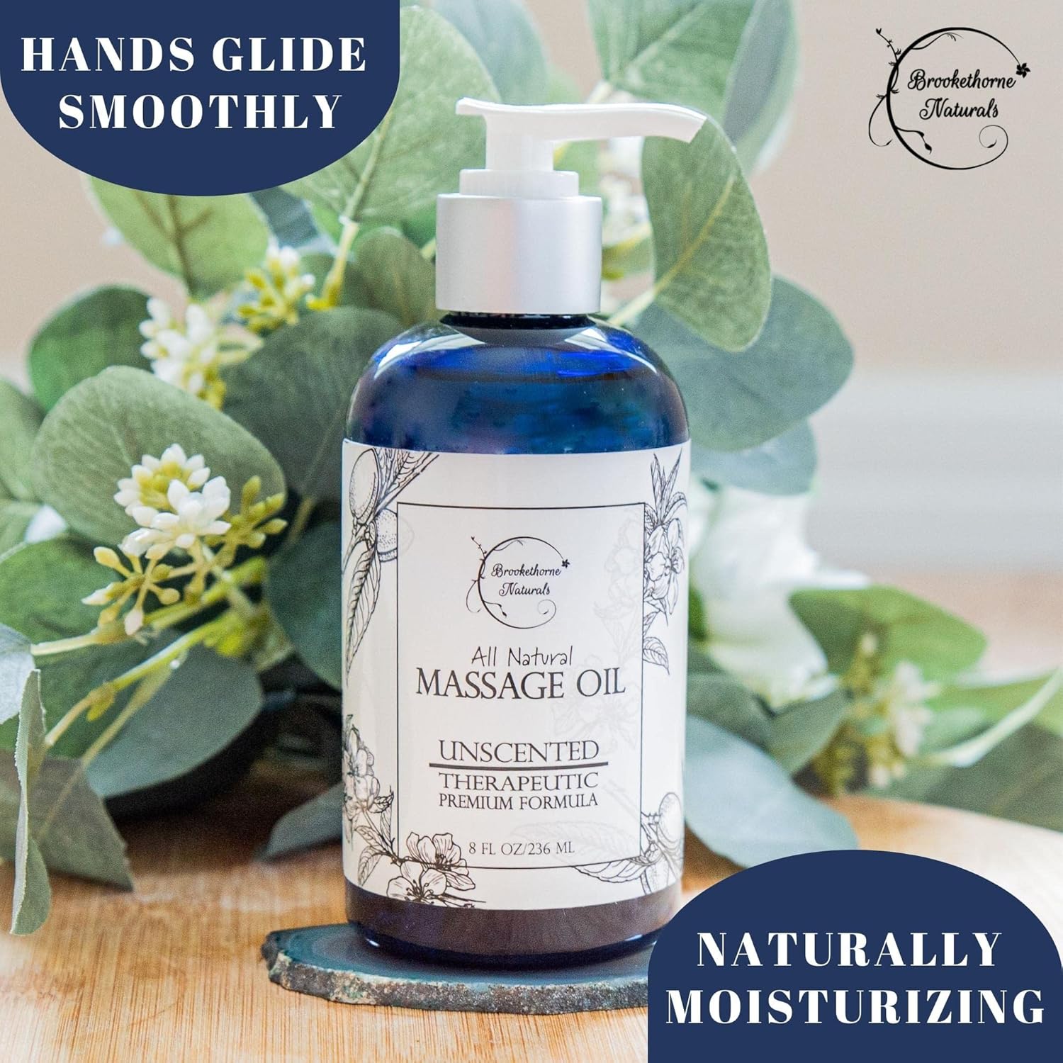 Highlights the massage oil's smooth application and natural moisturizing properties to reassure customers of its effectiveness and quality.
