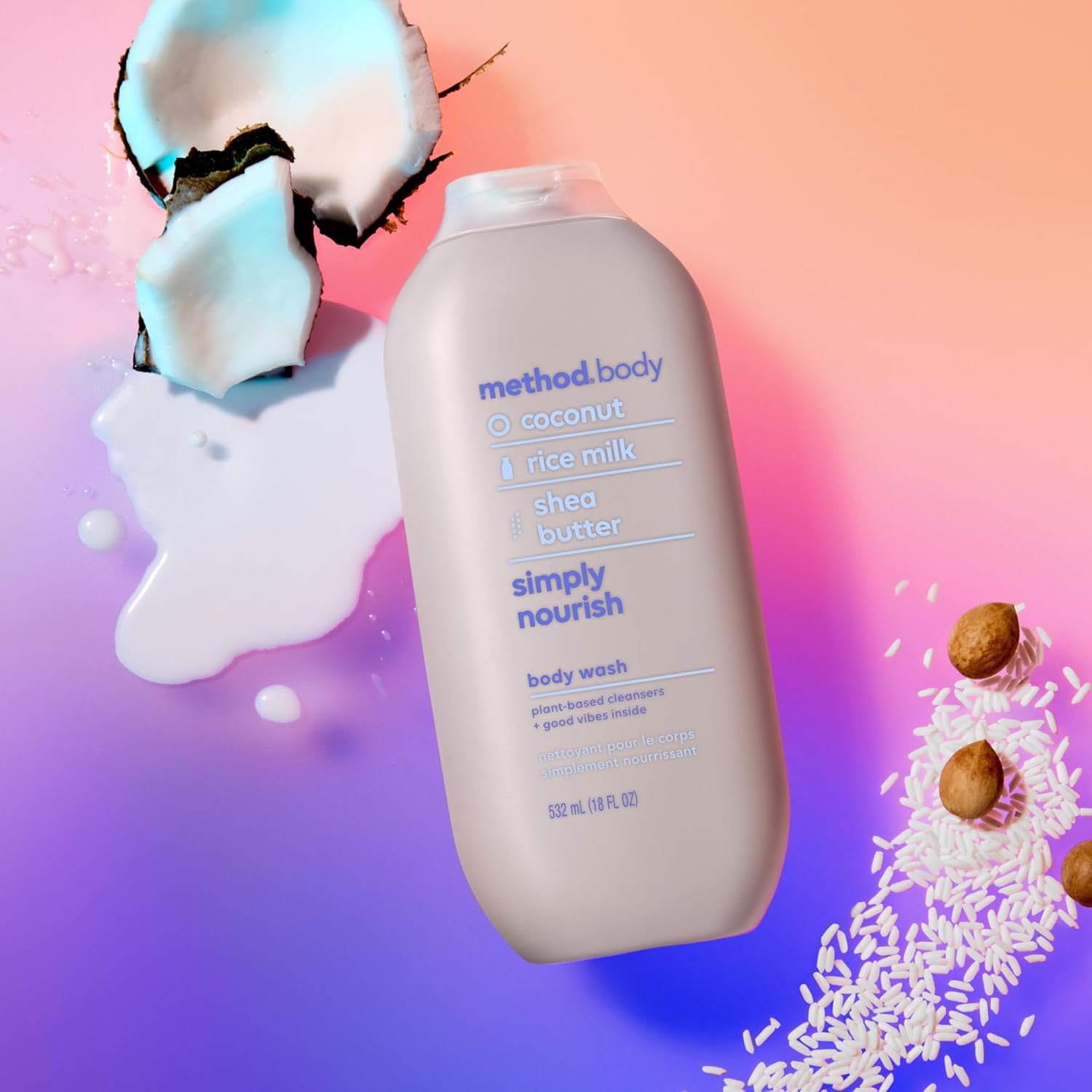 Highlights the product's key natural ingredients (coconut, rice milk, shea butter) to emphasize its nourishing properties and appeal to consumers seeking plant-based body care.
