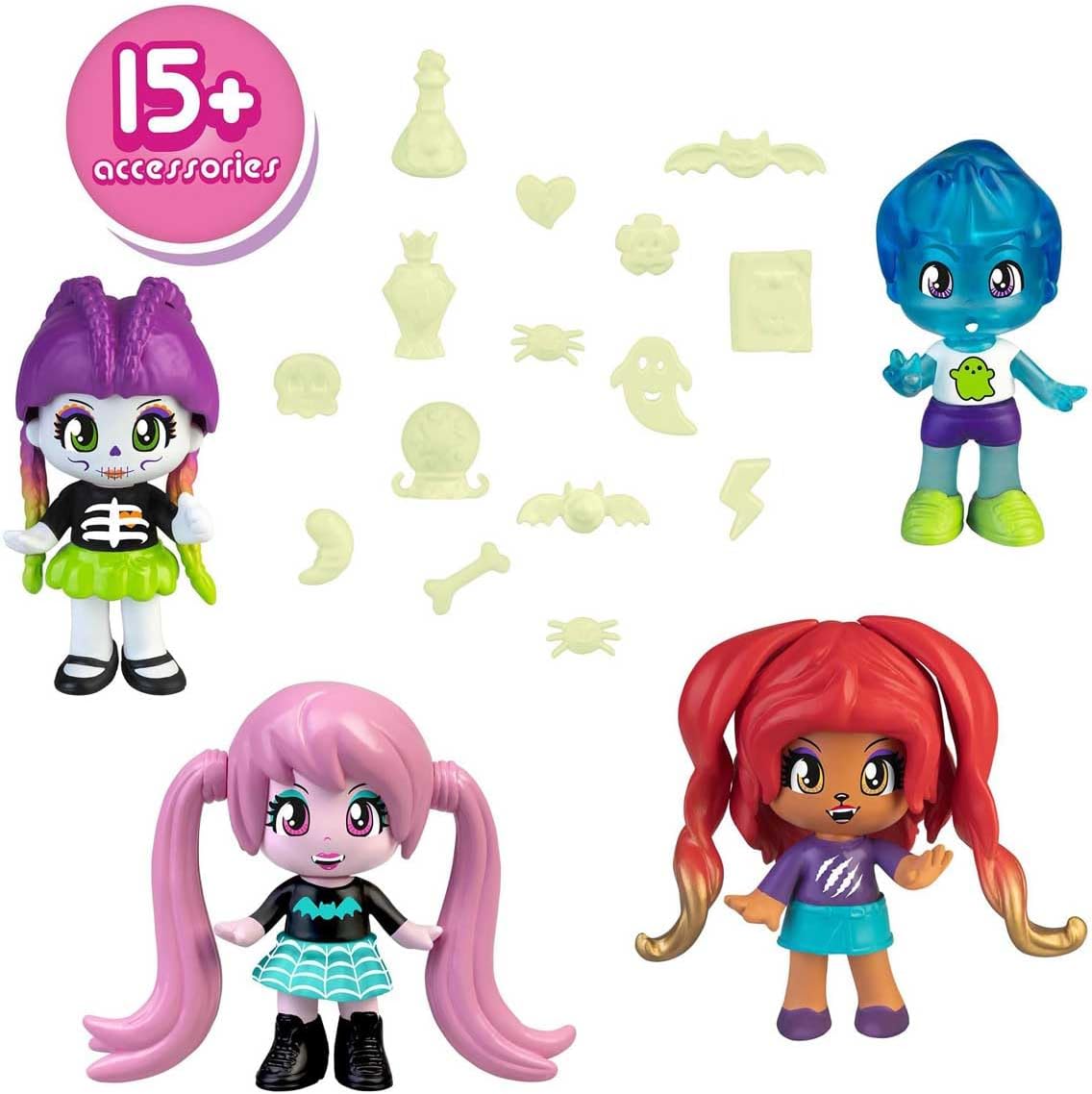Shows the full set of dolls and glow-in-the-dark accessories included in the product package.